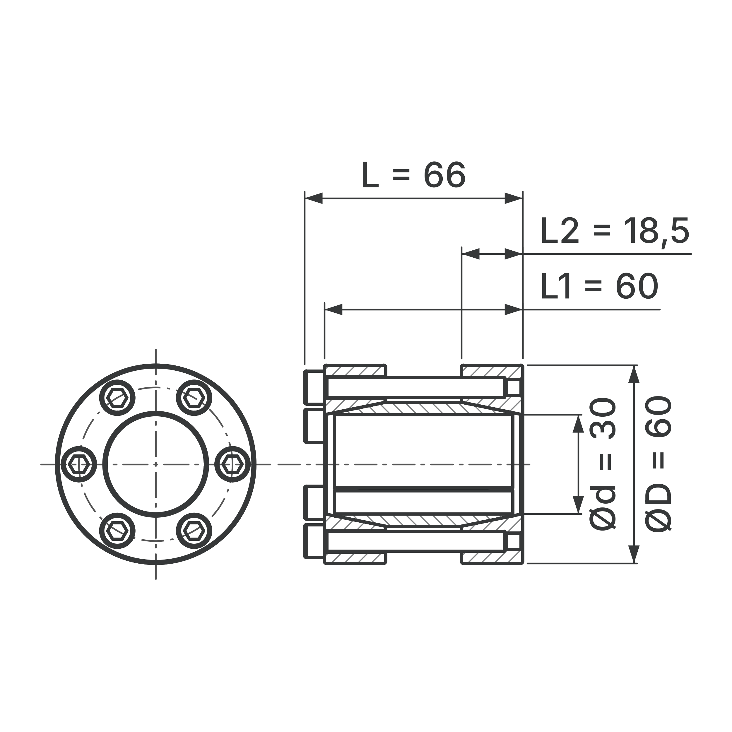 Maßskizze Starre Wellenkupplung STW72-30x60: Wellen-Ø d (beide Wellen), Außen-Ø D, L, L1, L2 in mm, schematisch