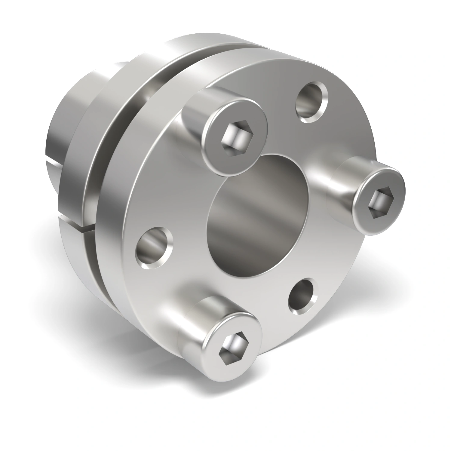 Spannsatz STW69SS-12x18 Edelstahl, Frontalansicht der Stirnseite mit 3 Spannschrauben