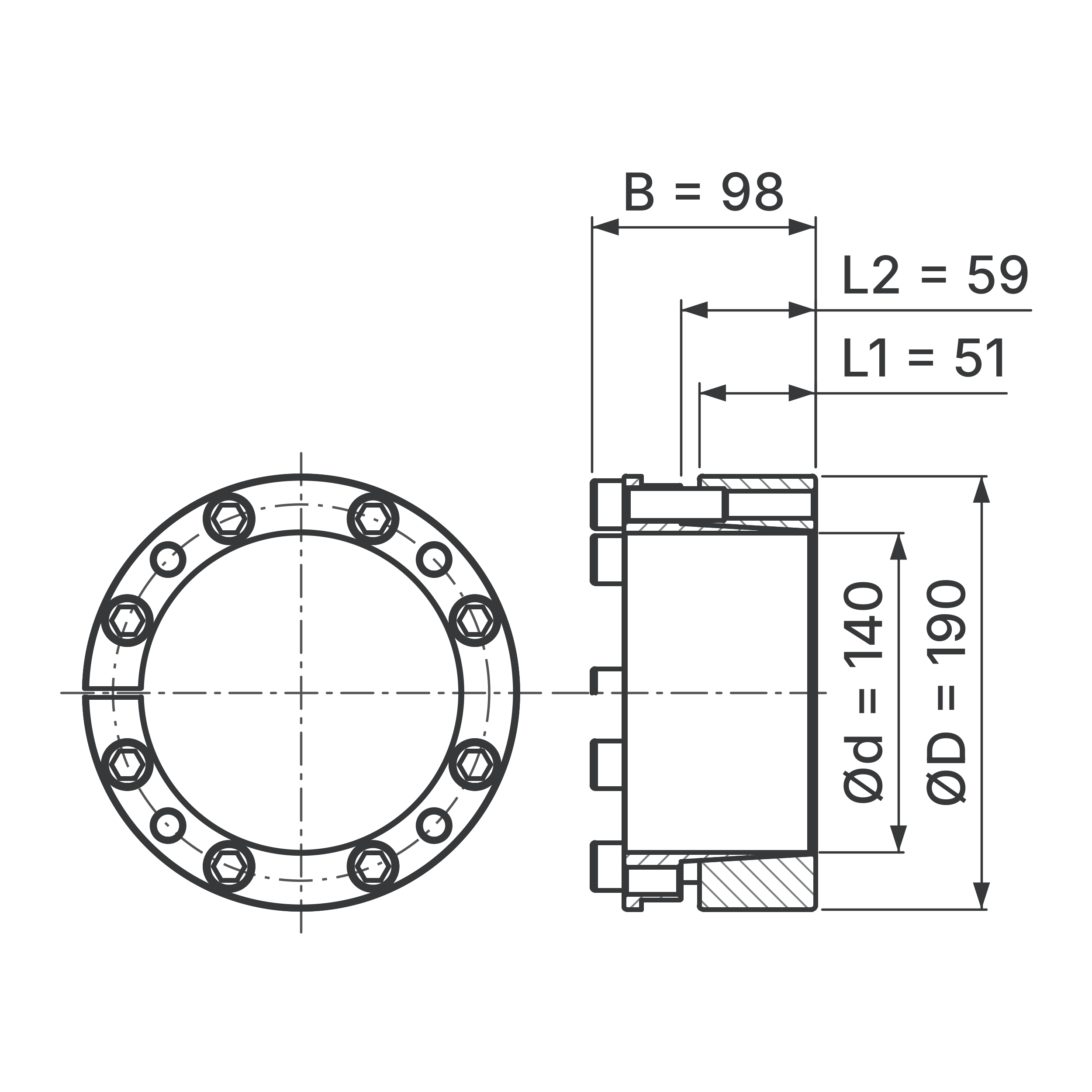 Maßskizze Spannsatz STW26-140x190: Wellen-Ø d, Außen-Ø D, L1, L2, B in mm, schematisch