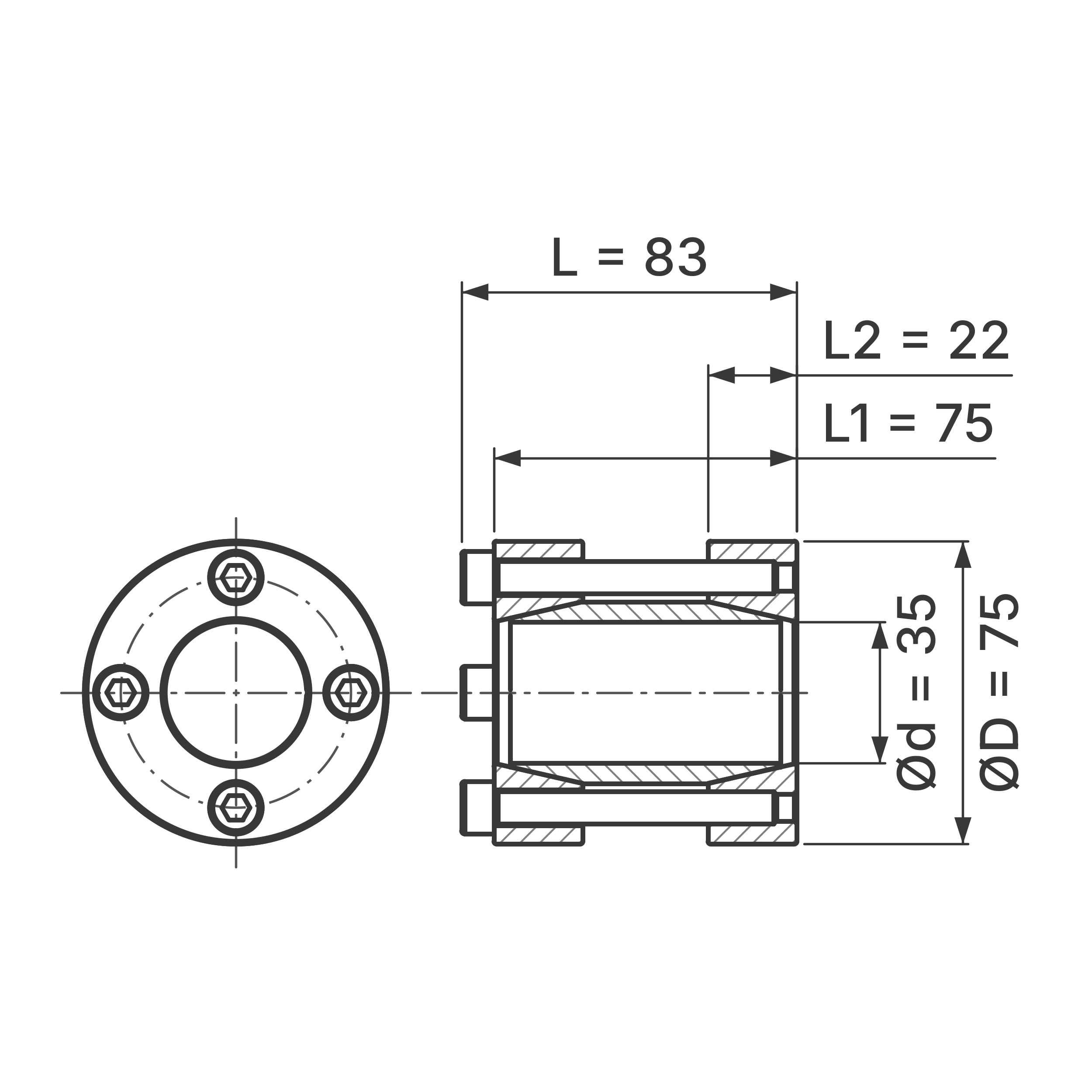 Maßskizze Starre Wellenkupplung STW72-35x75: Wellen-Ø d (beide Wellen), Außen-Ø D, L, L1, L2 in mm, schematisch