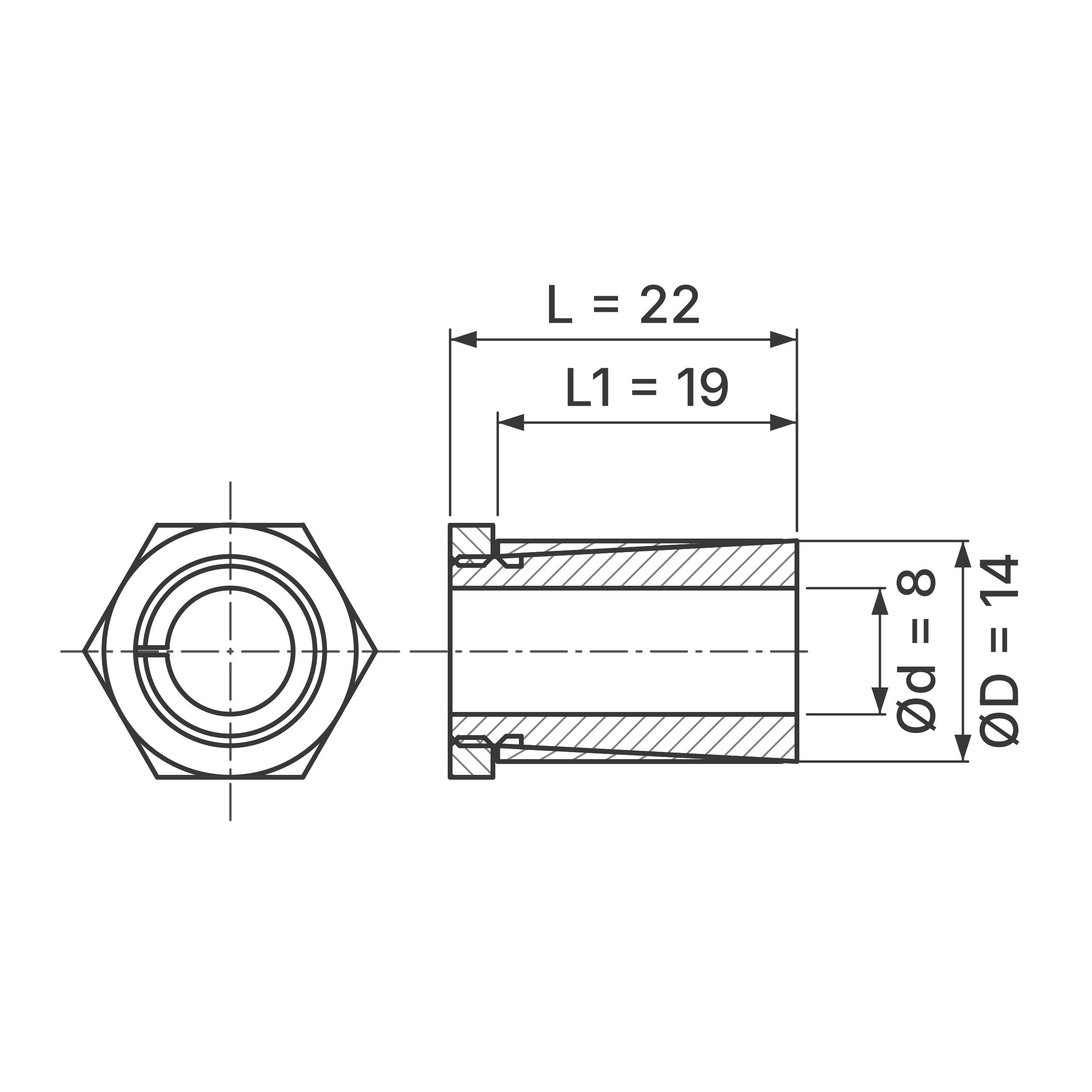 Maßskizze Spannsatz STW64SS-8x14 Edelstahl: Wellen-Ø d, Außen-Ø D, L1, L in mm, schematisch