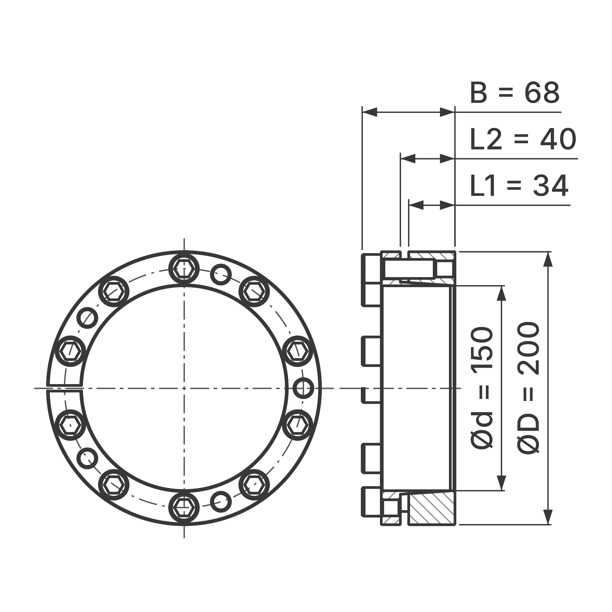 Maßskizze Spannsatz STW98-150x200: Wellen-Ø d, Außen-Ø D, L1, L2, B in mm, schematisch