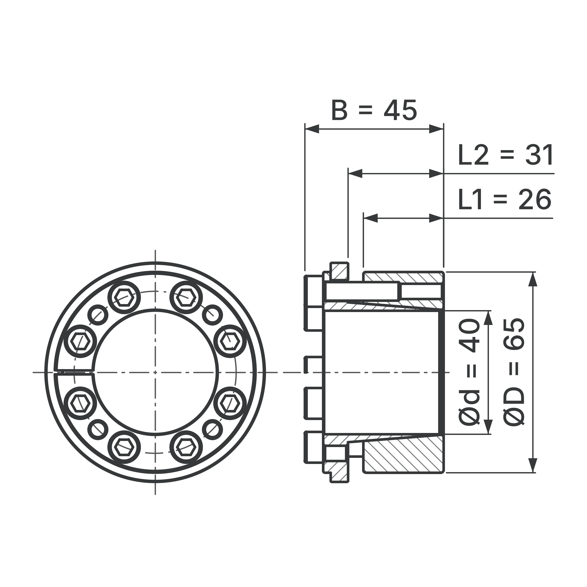Maßskizze Spannsatz STW73-40x65: Wellen-Ø d, Außen-Ø D, L1, L2, B in mm, schematisch