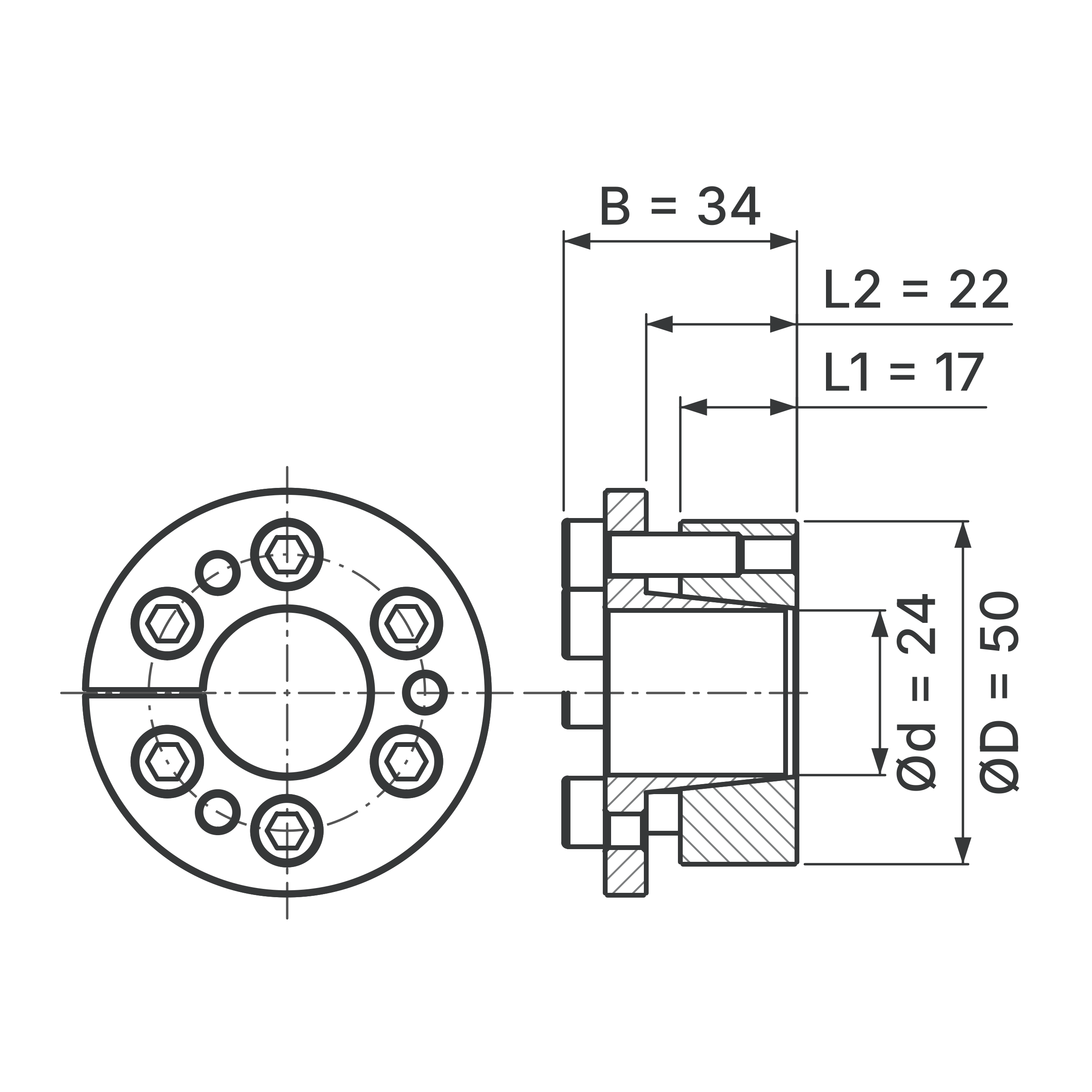 Maßskizze Spannsatz STW77-24x50: Wellen-Ø d, Außen-Ø D, L1, L2, B in mm, schematisch