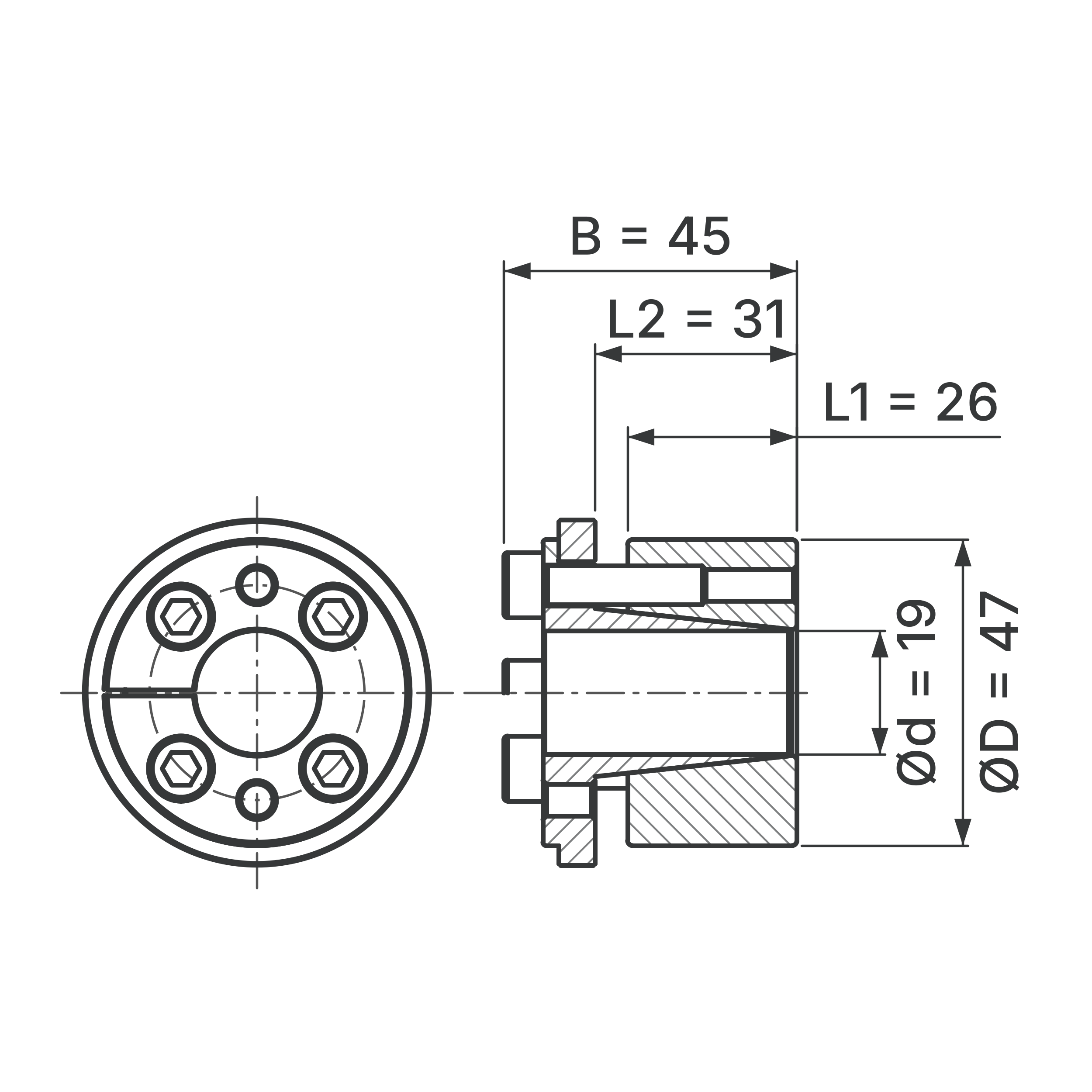 Maßskizze Spannsatz STW73-19x47: Wellen-Ø d, Außen-Ø D, L1, L2, B in mm, schematisch