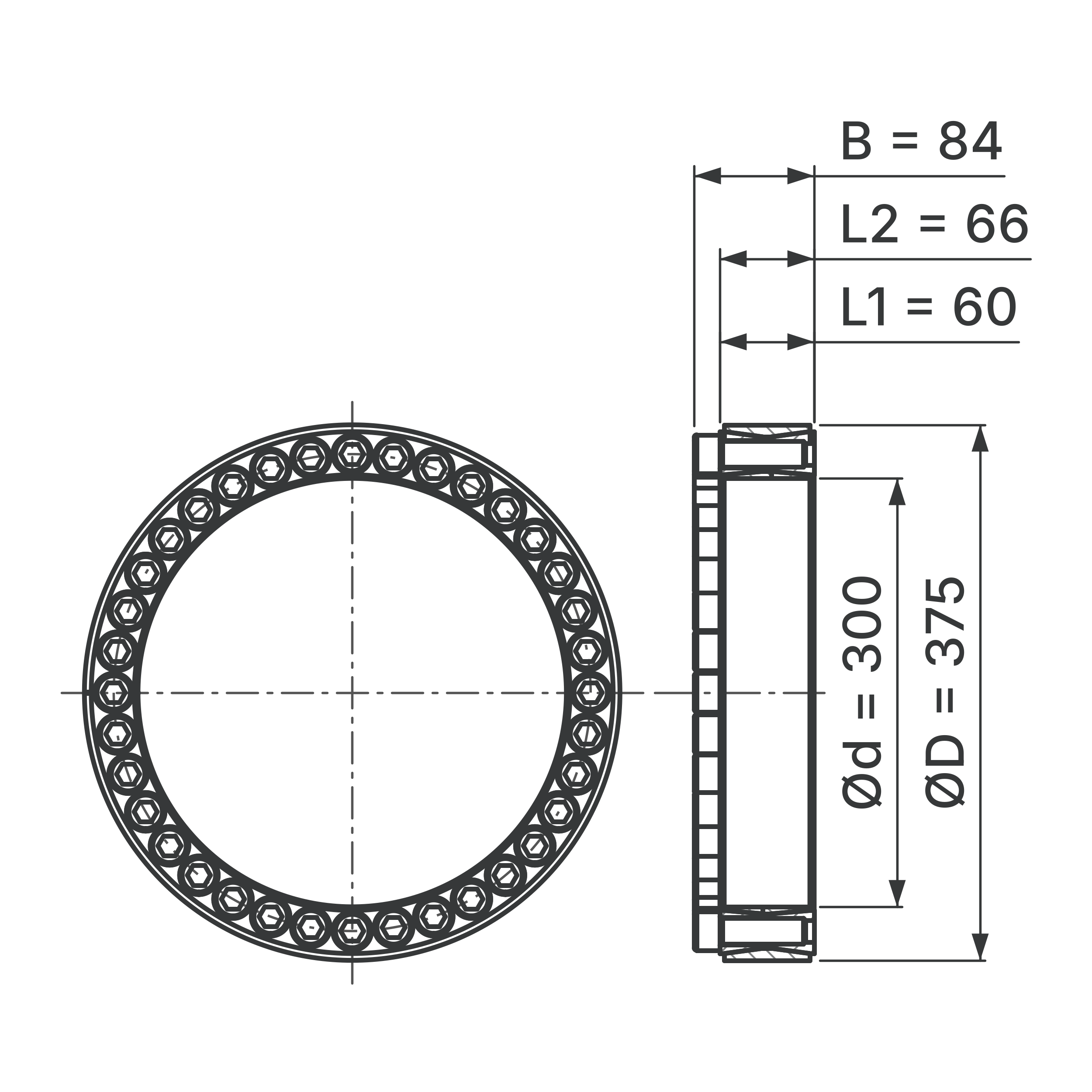Maßskizze Spannsatz STW60-300x375: Wellen-Ø d, Außen-Ø D, L1, L2, B in mm, schematisch