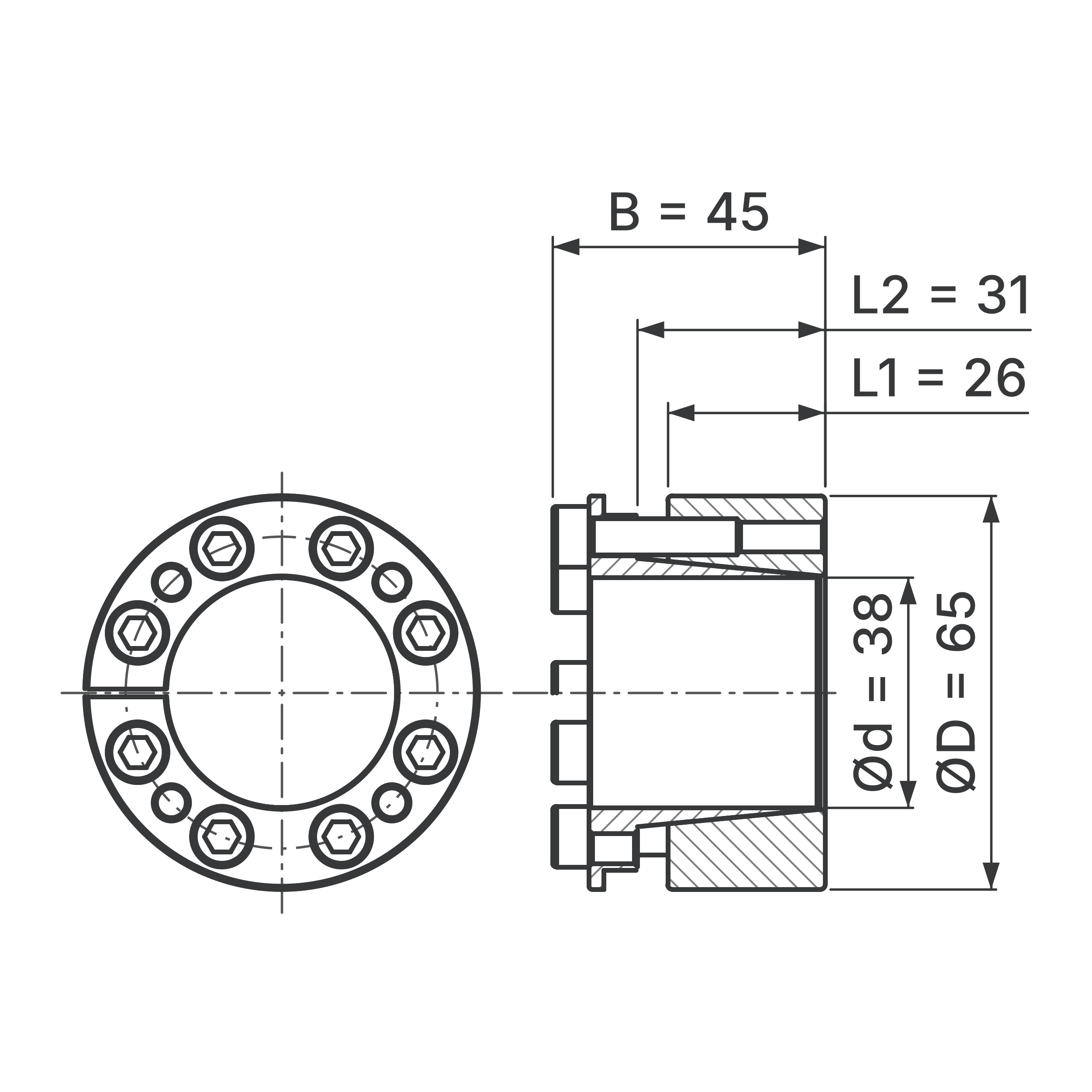 Maßskizze Spannsatz STW26-38x65: Wellen-Ø d, Außen-Ø D, L1, L2, B in mm, schematisch