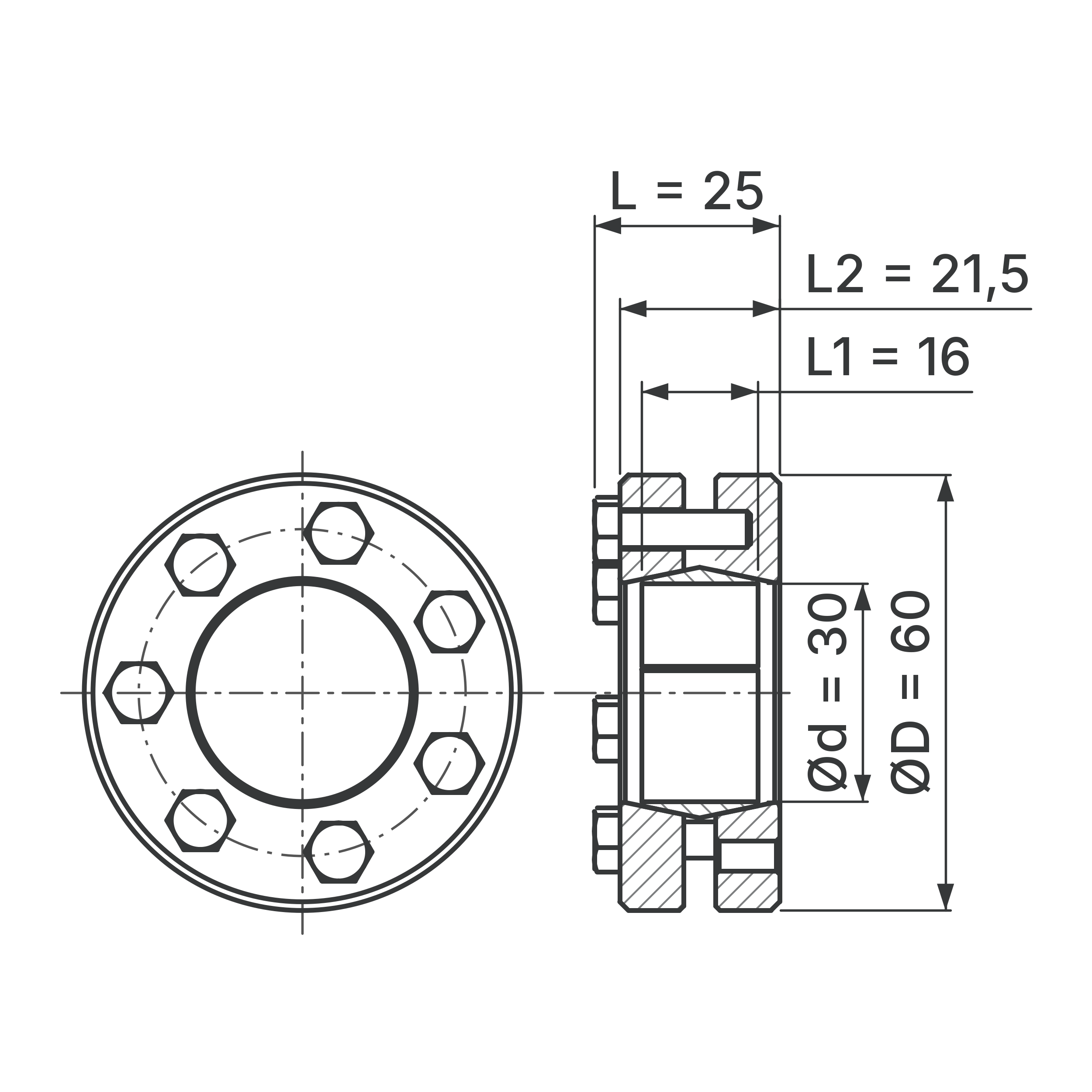 Maßskizze Schrumpfscheibe STW96-30x60: Bohrungs-Ø d, Außen-Ø D, L, L1, L2 in mm, schematisch