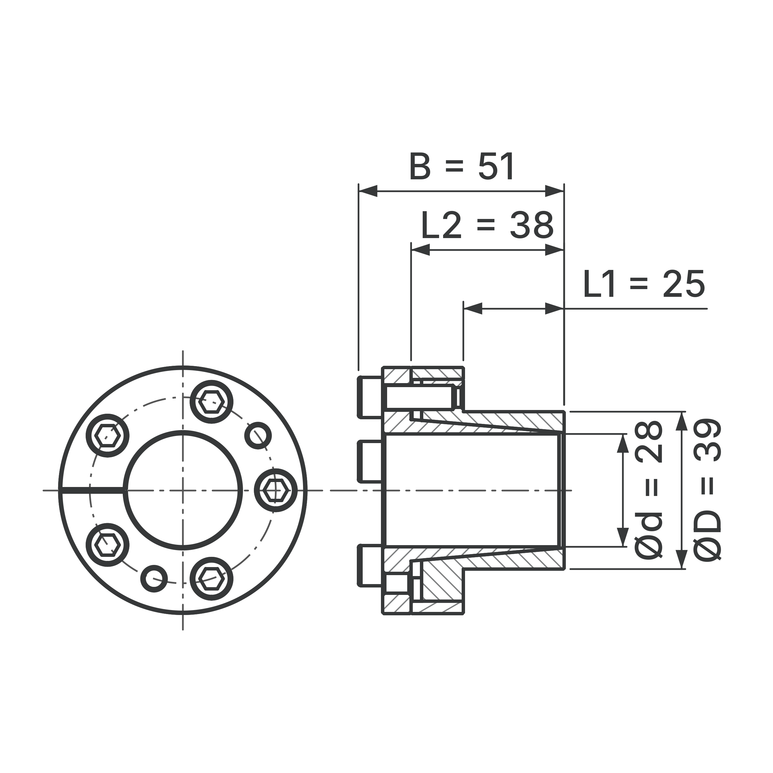 Maßskizze Spannsatz STW27-28x39: Wellen-Ø d, Außen-Ø D, L1, L2, B in mm, schematisch