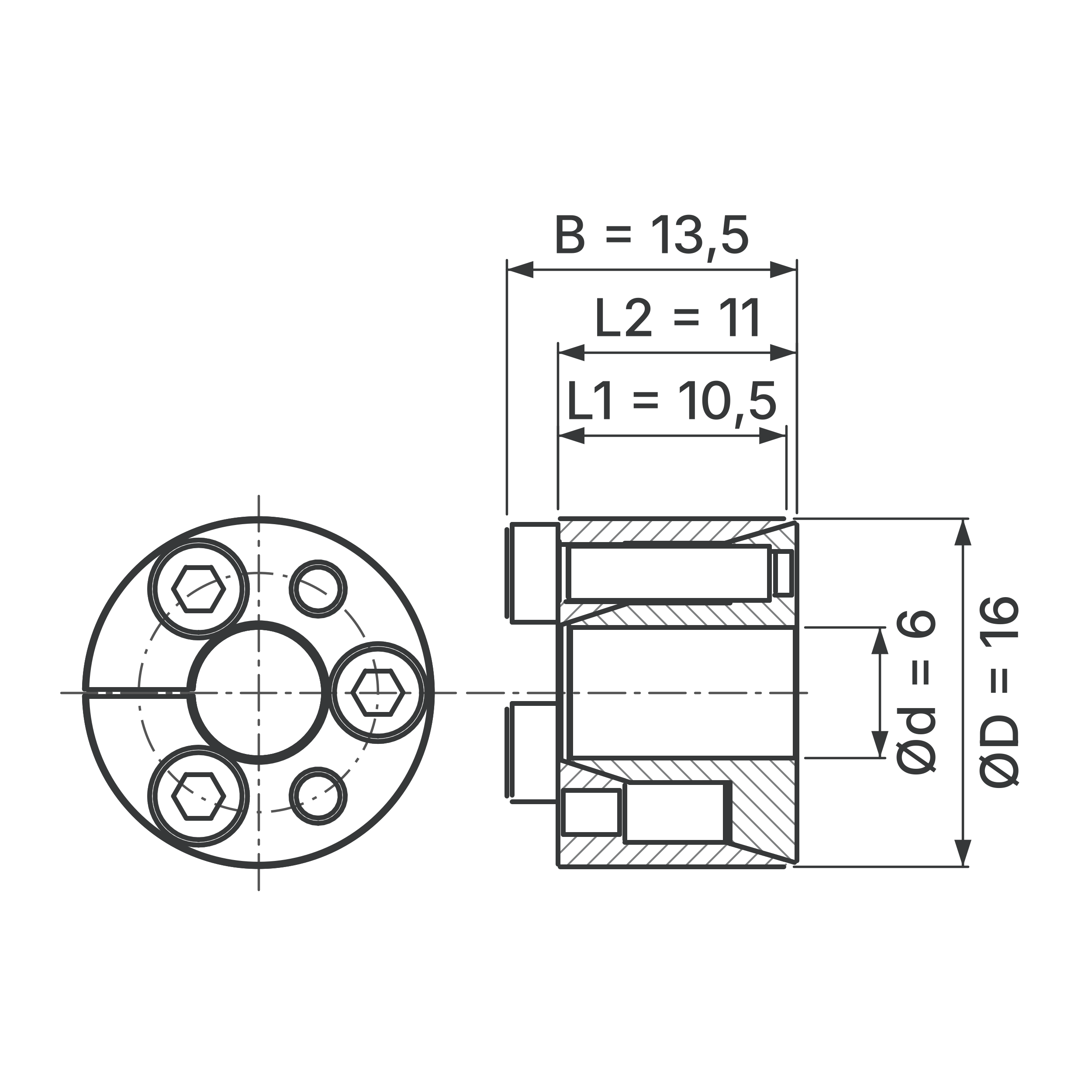 Maßskizze Spannsatz STW71-6x16: Wellen-Ø d, Außen-Ø D, L1, L2, B in mm, schematisch