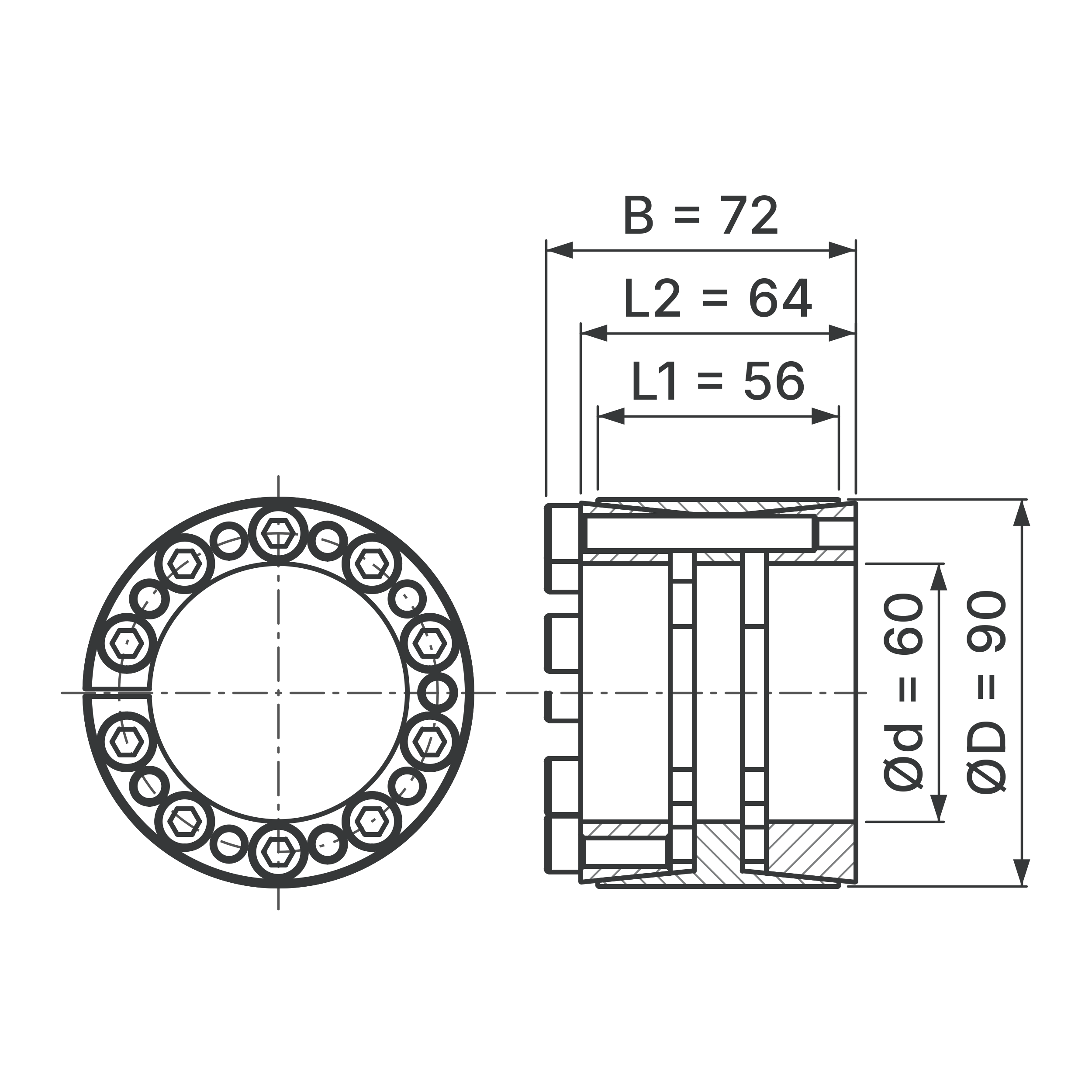 Maßskizze Spannsatz STW33-60x90: Wellen-Ø d, Außen-Ø D, L1, L2, B in mm, schematisch