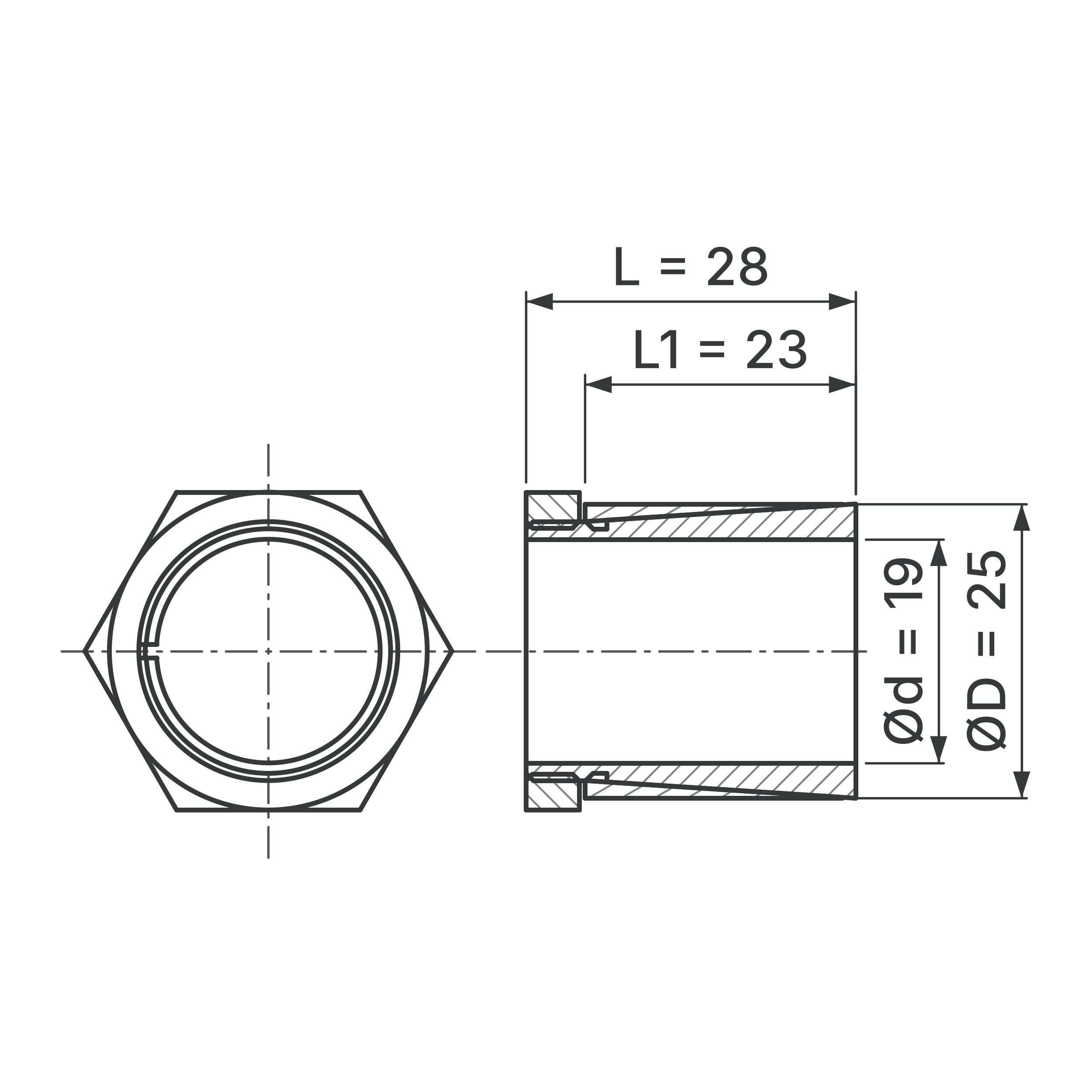 Maßskizze Spannsatz STW64SS-19x25 Edelstahl: Wellen-Ø d, Außen-Ø D, L1, L in mm, schematisch