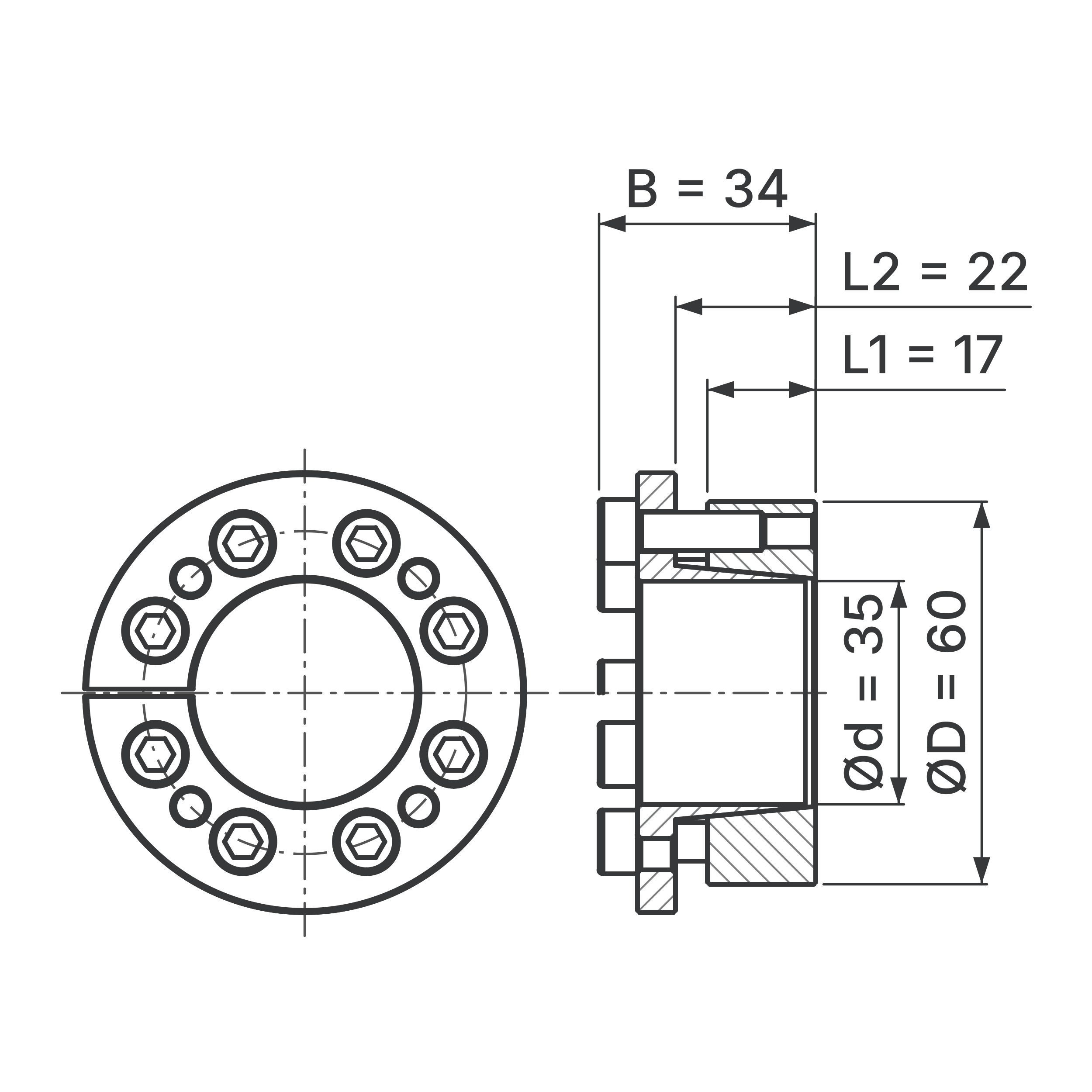 Maßskizze Spannsatz STW77-35x60: Wellen-Ø d, Außen-Ø D, L1, L2, B in mm, schematisch