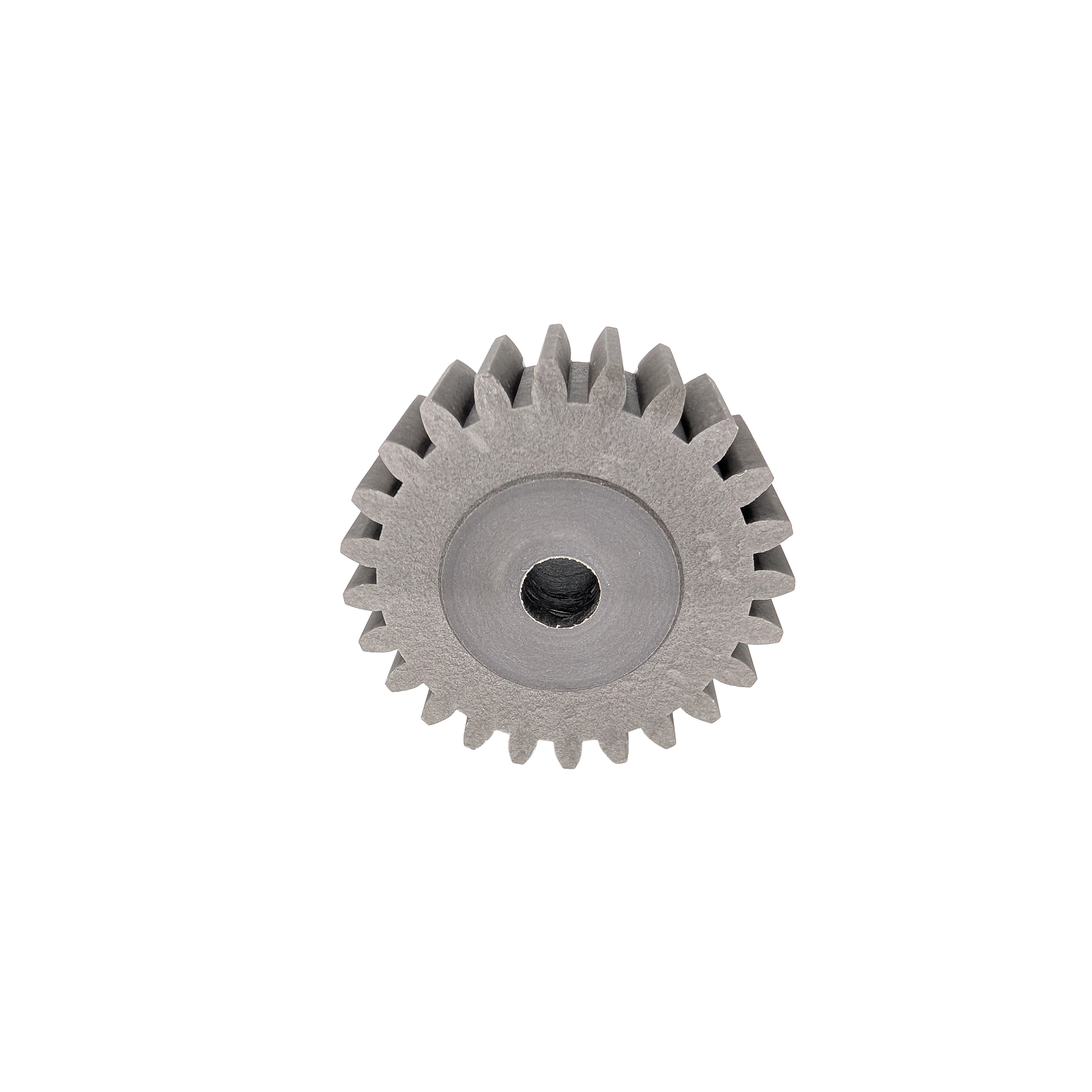 Stirnzahnrad aus Kunststoff mit Nabe – Rückansicht seitlich Seitliche Rückansicht eines Stirnzahnrads aus Kunststoff (PA6+FV) mit Nabe, Fokus auf Nabenrückseite und Zahngrund