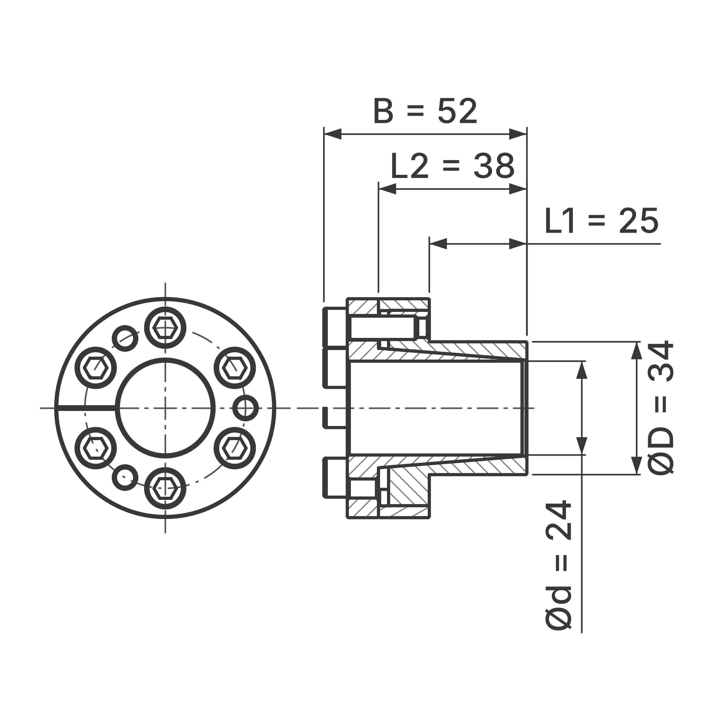 Maßskizze Spannsatz STW27SS-24x34 Edelstahl: Wellen-Ø d, Außen-Ø D, L1, L2, B in mm, schematisch