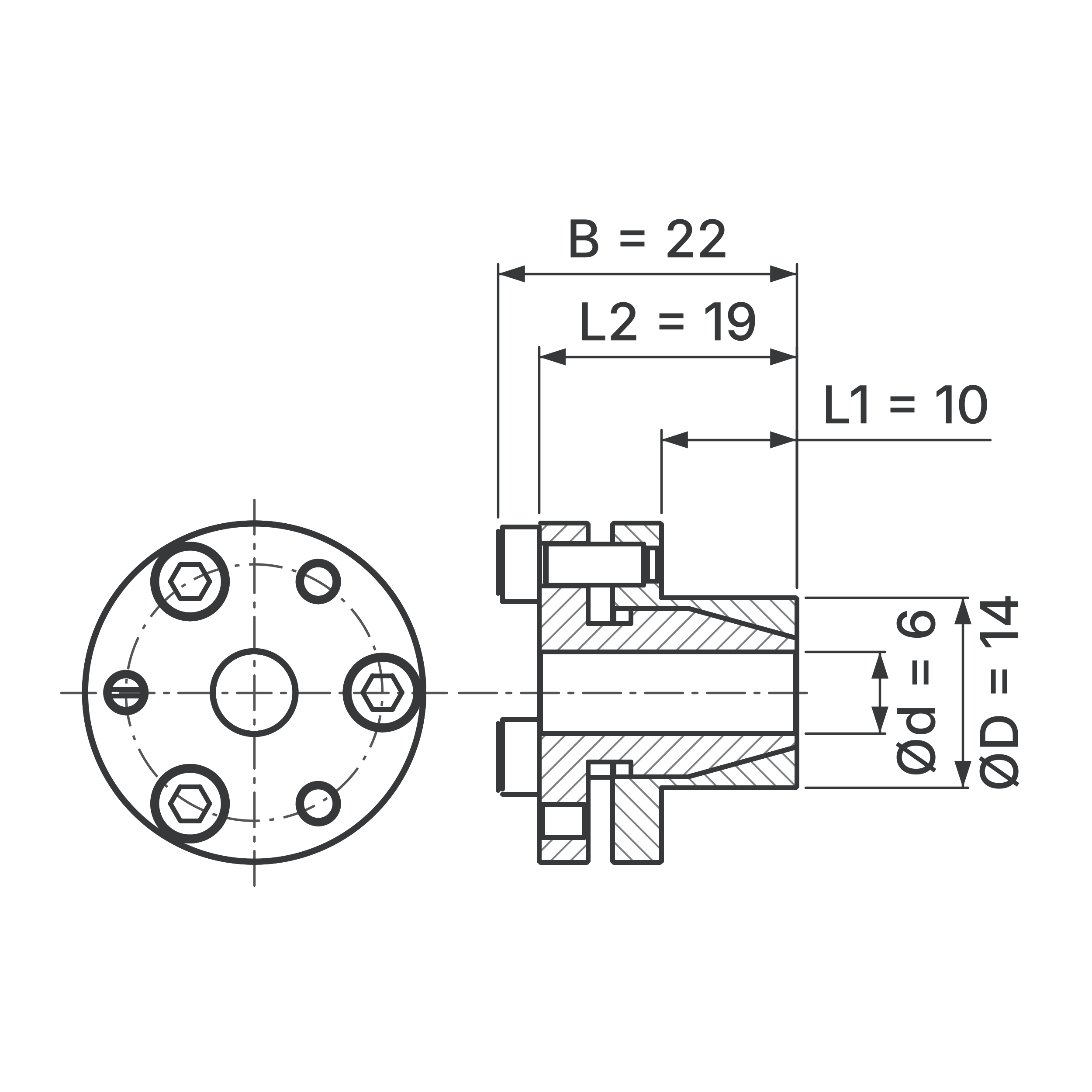 Maßskizze Spannsatz STW69SS-6x14 Edelstahl: Wellen-Ø d, Außen-Ø D, L1, L2, B in mm, schematisch