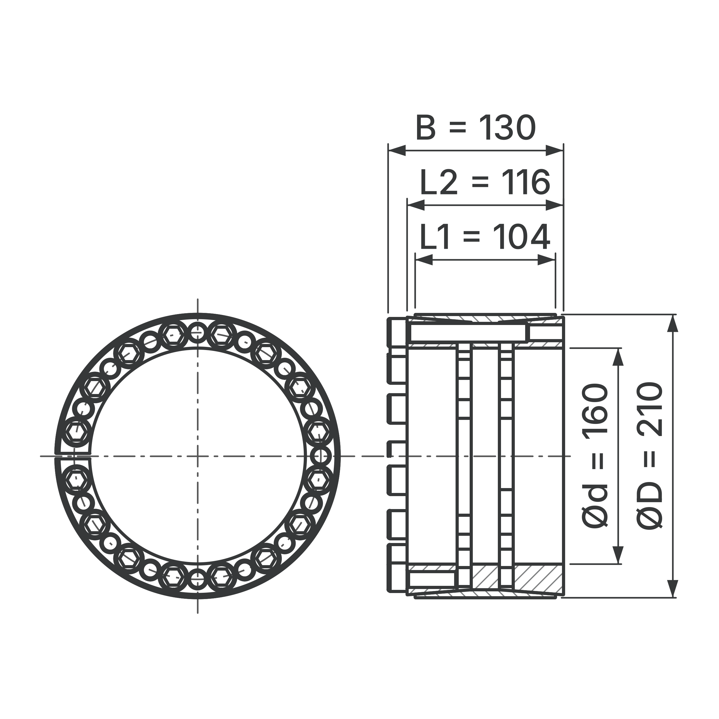 Maßskizze Spannsatz STW33-160x210: Wellen-Ø d, Außen-Ø D, L1, L2, B in mm, schematisch