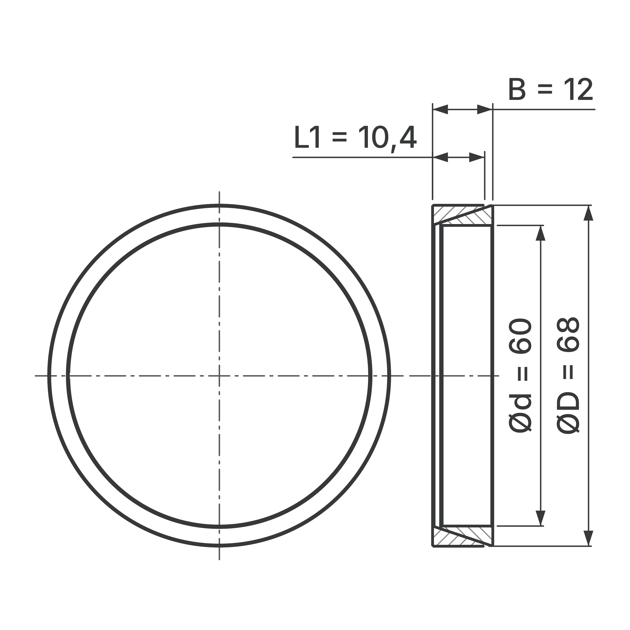 Maßskizze Konus-Spannelement STW56-60x68: Wellen-Ø d, Außen-Ø D, L1, B in mm, schematisch