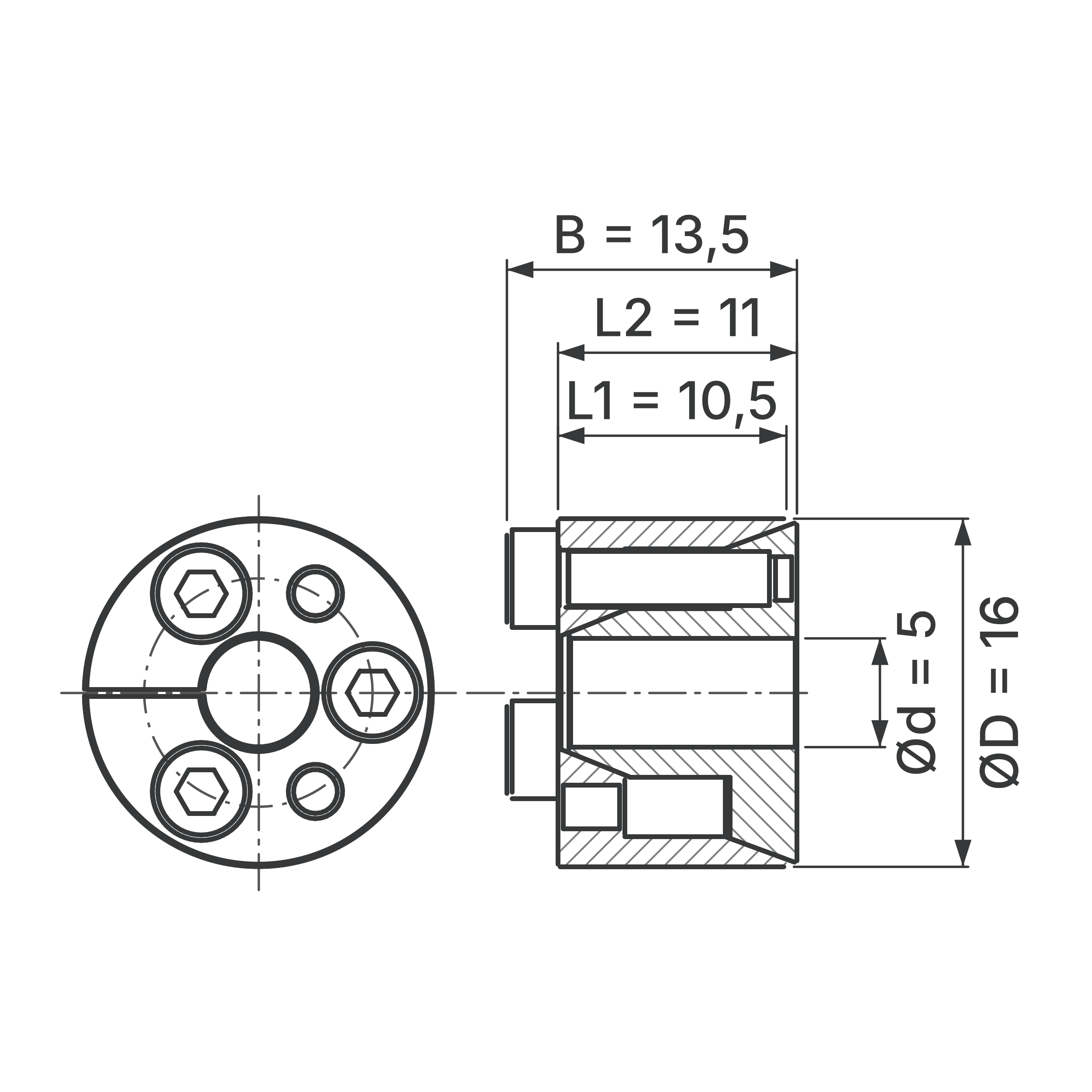 Maßskizze Spannsatz STW71-5x16: Wellen-Ø d, Außen-Ø D, L1, L2, B in mm, schematisch