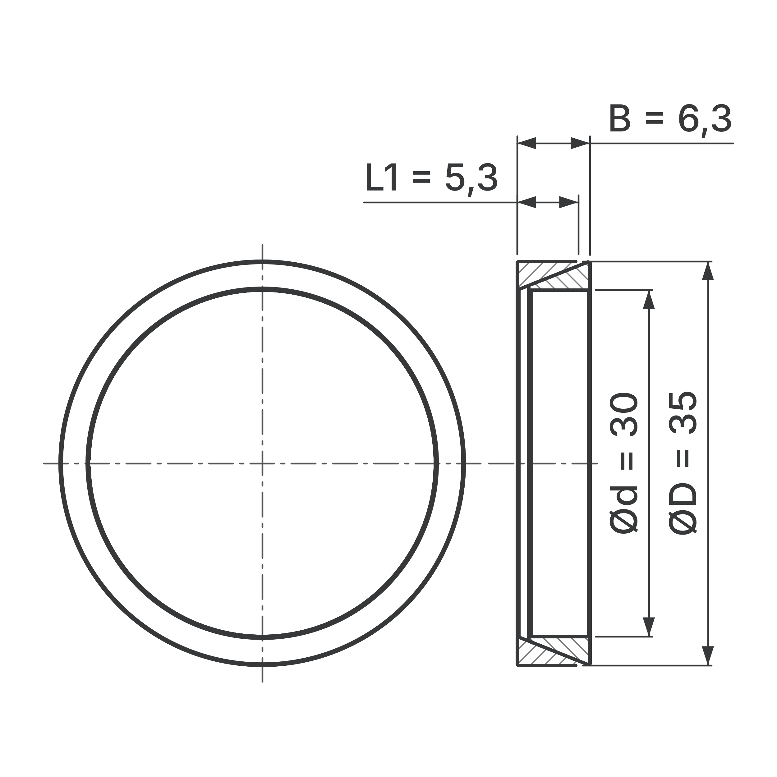 Maßskizze Konus-Spannelement STW56-30x35: Wellen-Ø d, Außen-Ø D, L1, B in mm, schematisch