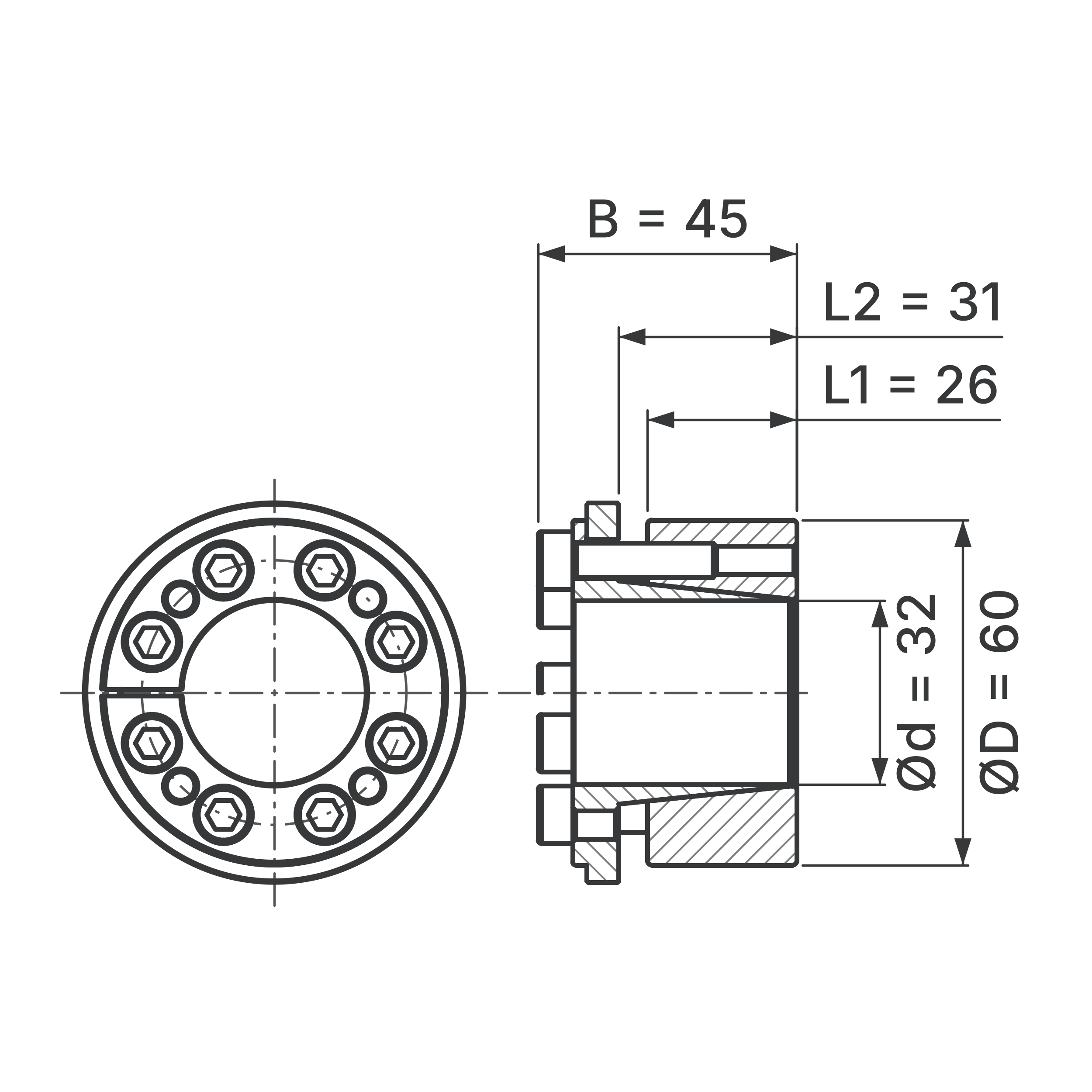 Maßskizze Spannsatz STW73-32x60: Wellen-Ø d, Außen-Ø D, L1, L2, B in mm, schematisch