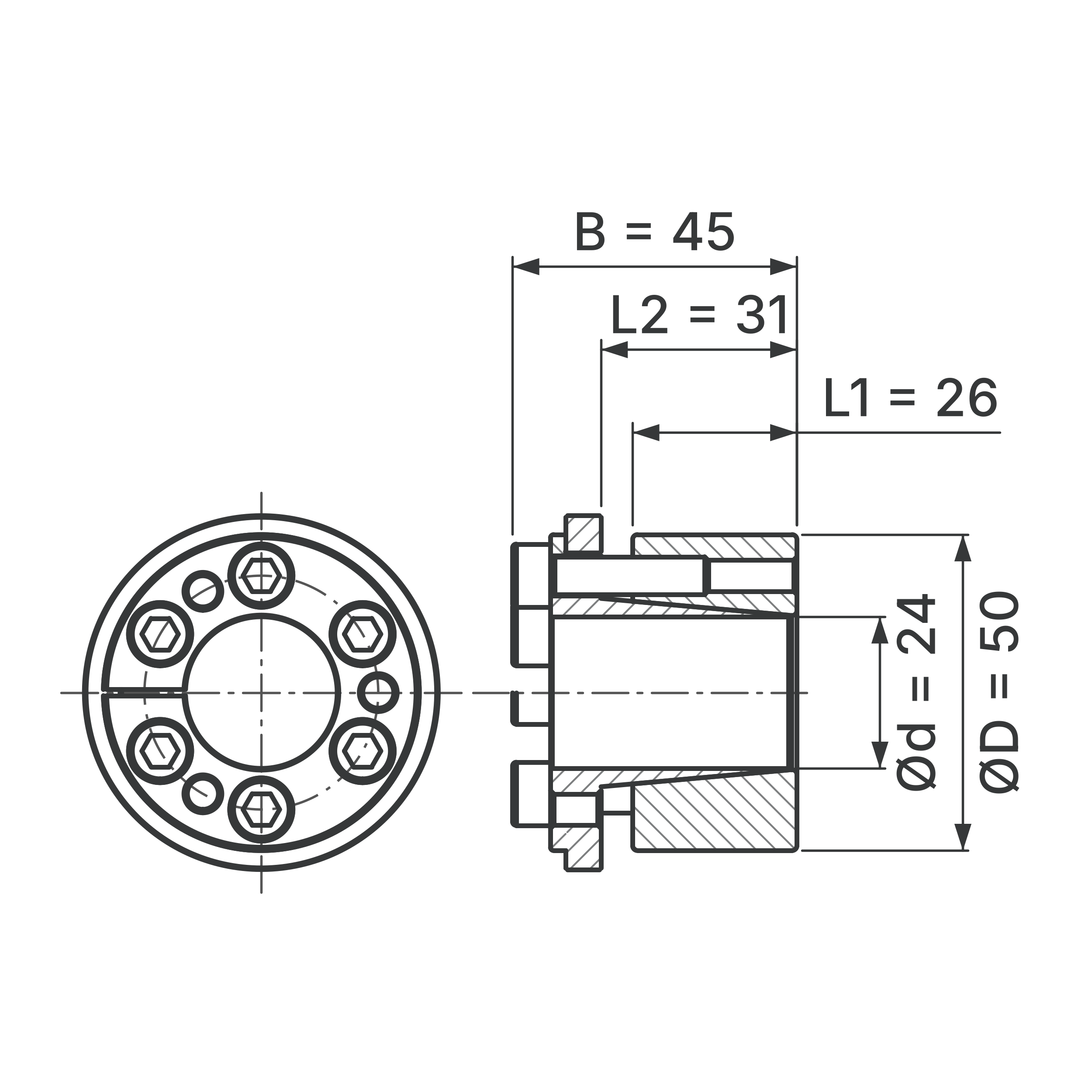 Maßskizze Spannsatz STW73-24x50: Wellen-Ø d, Außen-Ø D, L1, L2, B in mm, schematisch