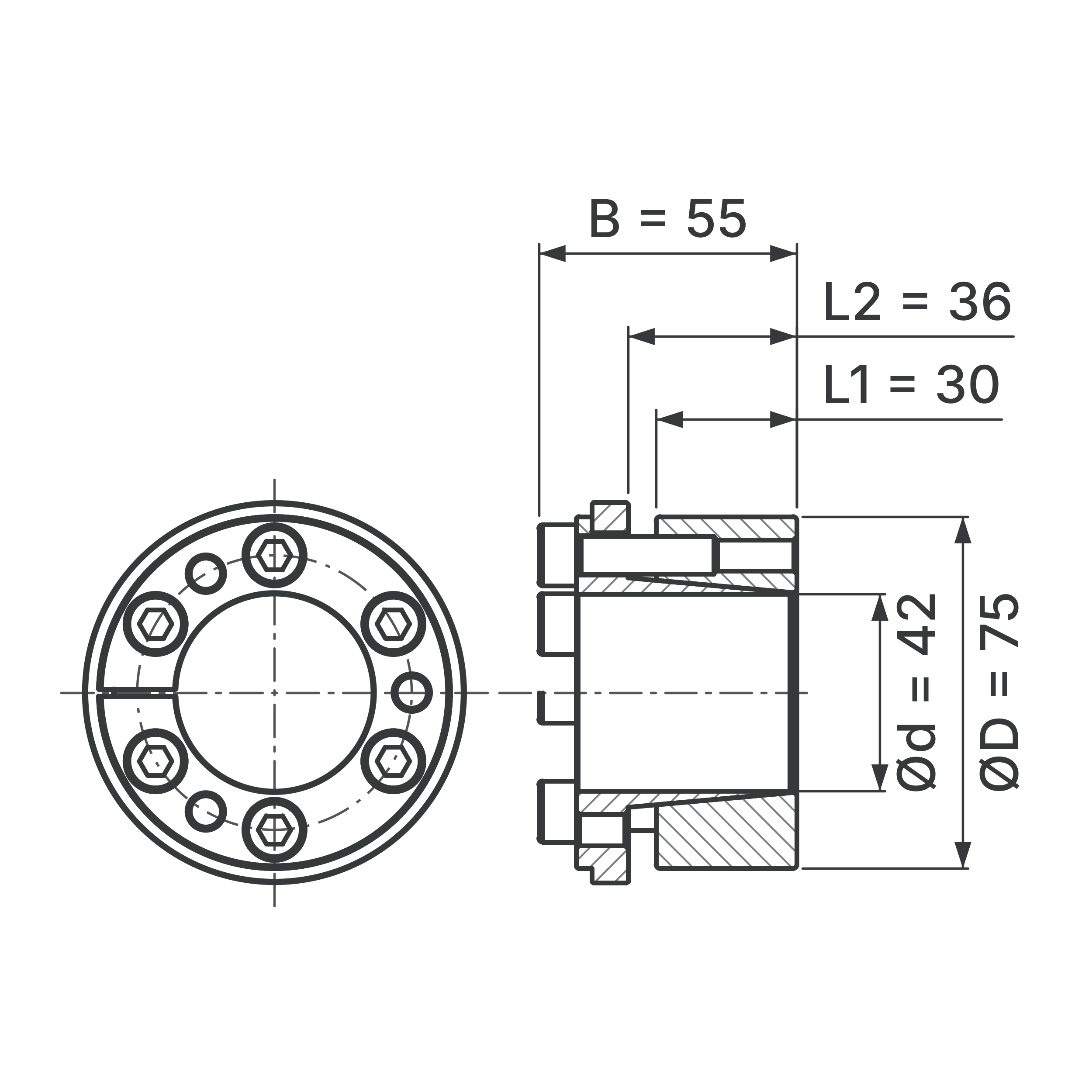 Maßskizze Spannsatz STW73-42x75: Wellen-Ø d, Außen-Ø D, L1, L2, B in mm, schematisch