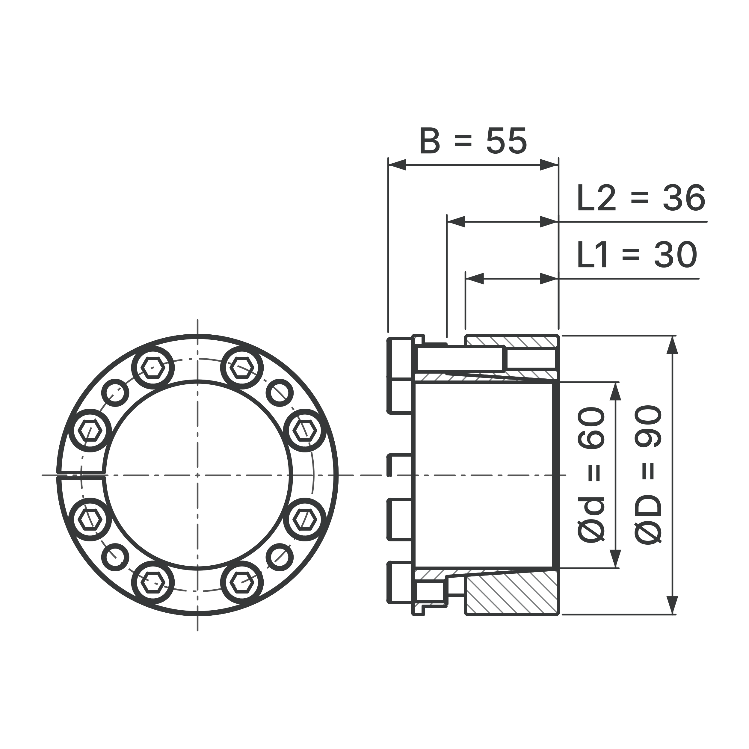 Maßskizze Spannsatz STW26-60x90: Wellen-Ø d, Außen-Ø D, L1, L2, B in mm, schematisch