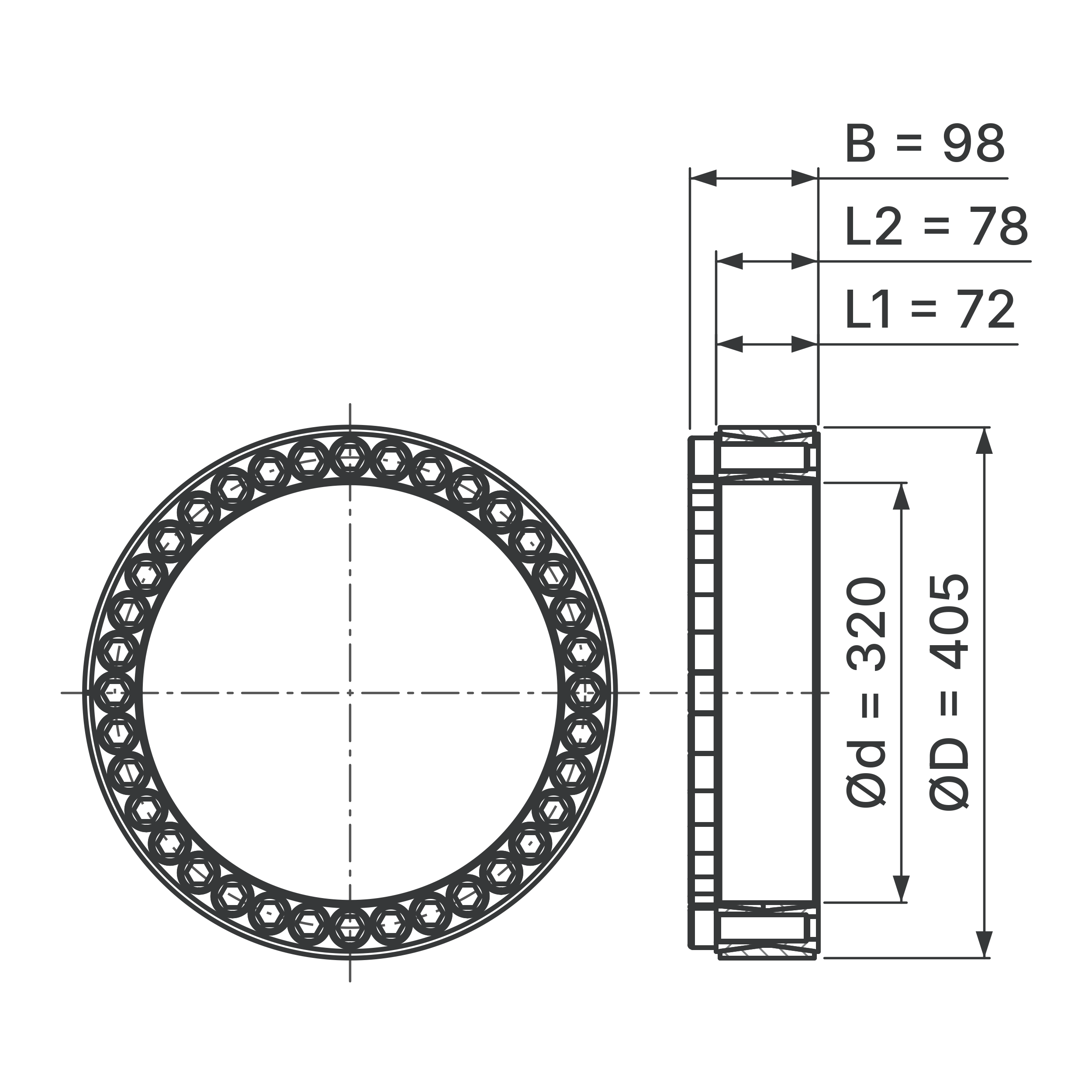 Maßskizze Spannsatz STW60-320x405: Wellen-Ø d, Außen-Ø D, L1, L2, B in mm, schematisch
