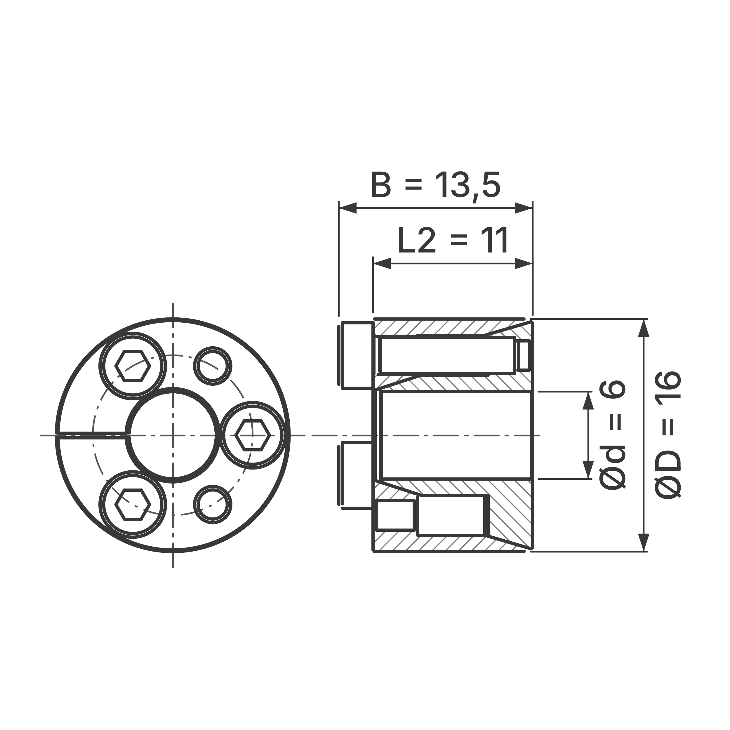 Maßskizze Spannsatz STW71SS-6x16 Edelstahl: Wellen-Ø d, Außen-Ø D, L2, B in mm, schematisch