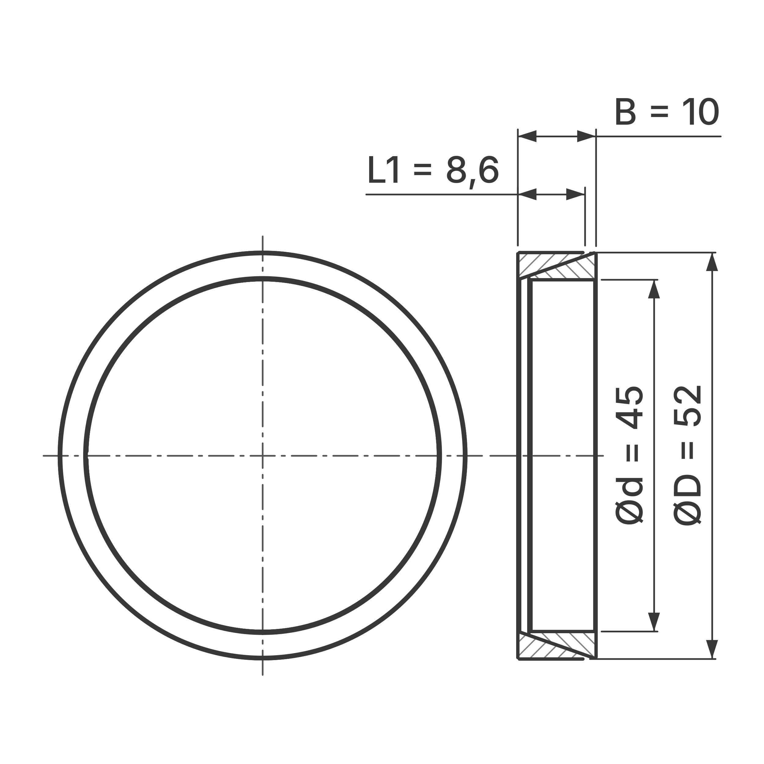 Maßskizze Konus-Spannelement STW56-45x52: Wellen-Ø d, Außen-Ø D, L1, B in mm, schematisch