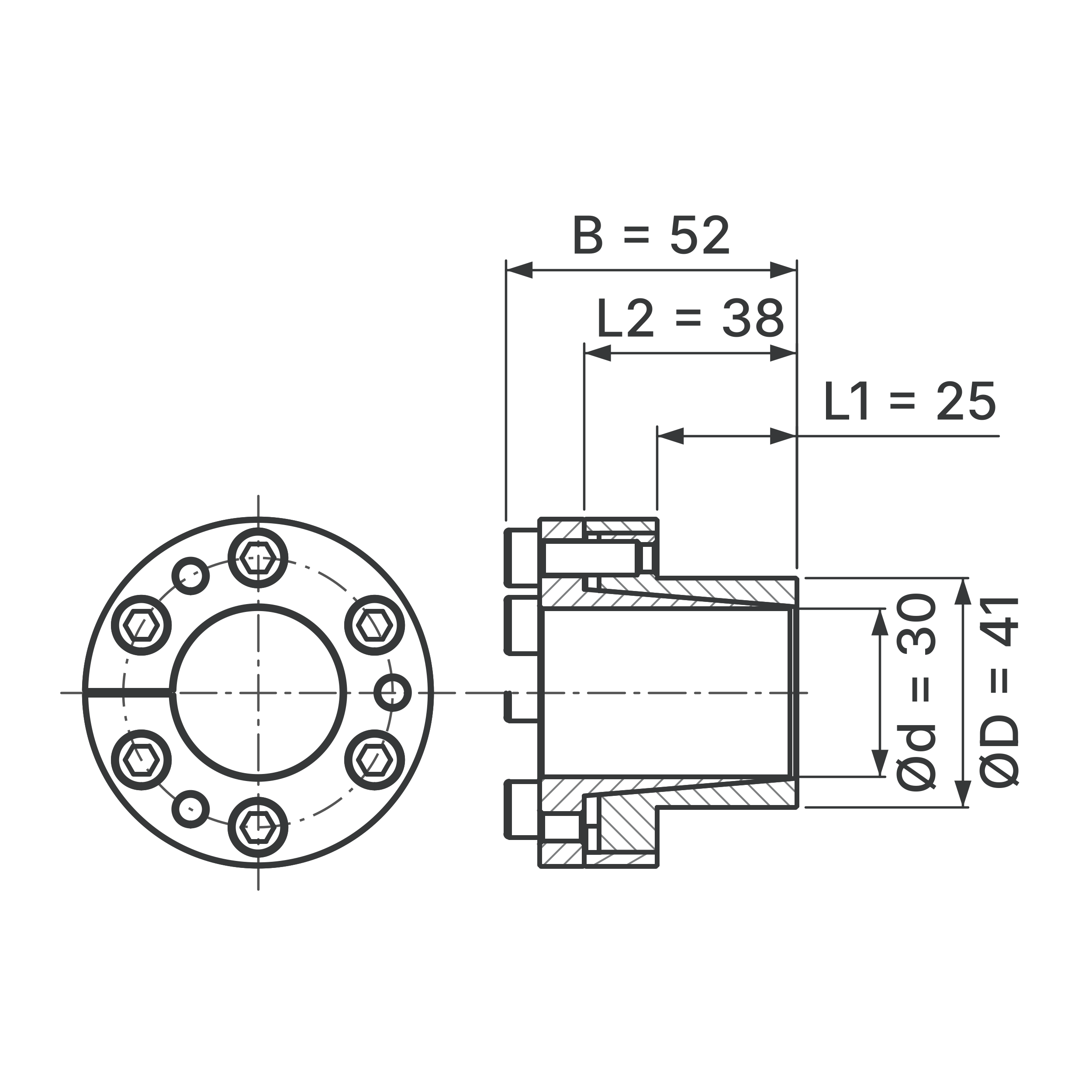Maßskizze Spannsatz STW27SS-30x41 Edelstahl: Wellen-Ø d, Außen-Ø D, L1, L2, B in mm, schematisch
