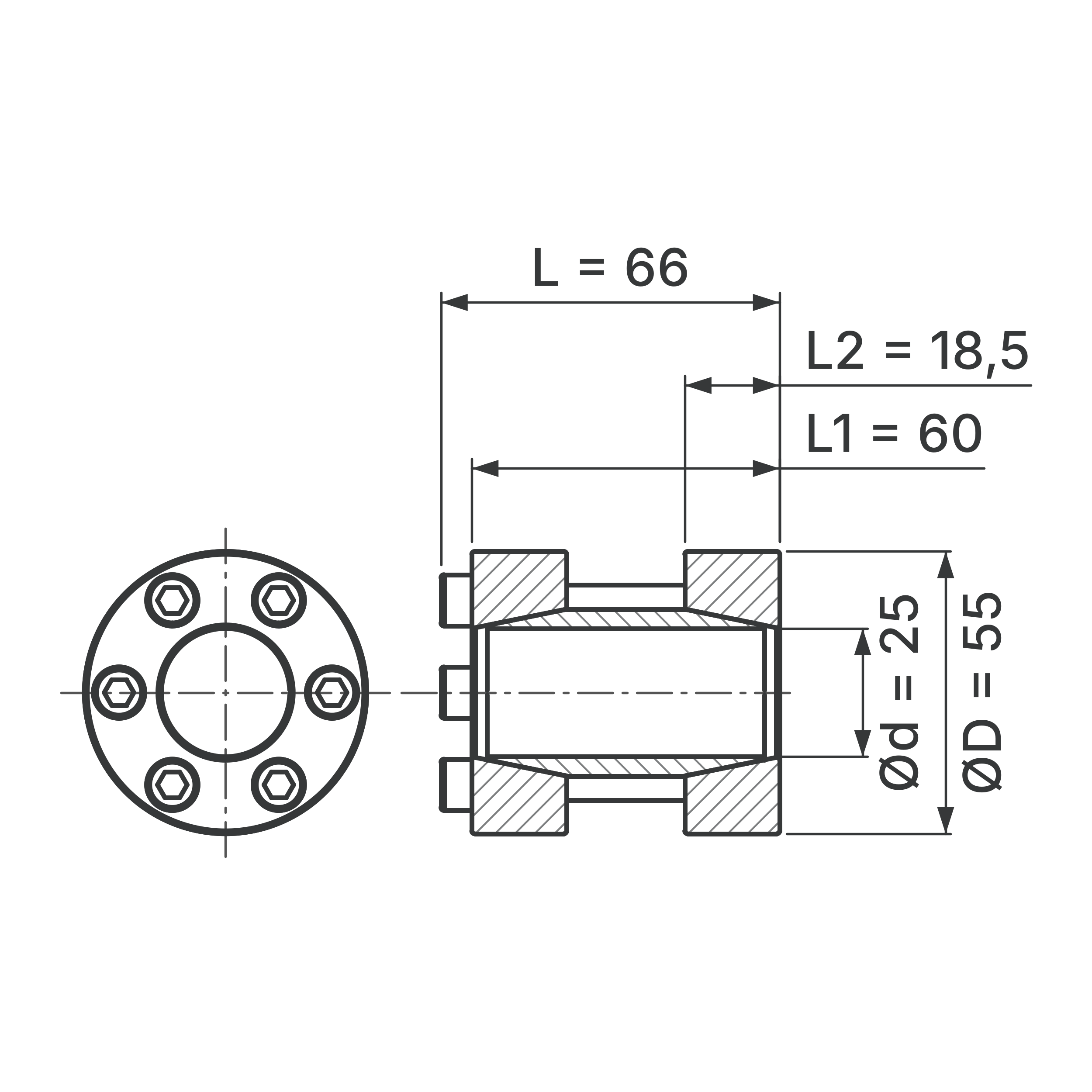 Maßskizze Starre Wellenkupplung STW72-25x55: Wellen-Ø d (beide Wellen), Außen-Ø D, L, L1, L2 in mm, schematisch