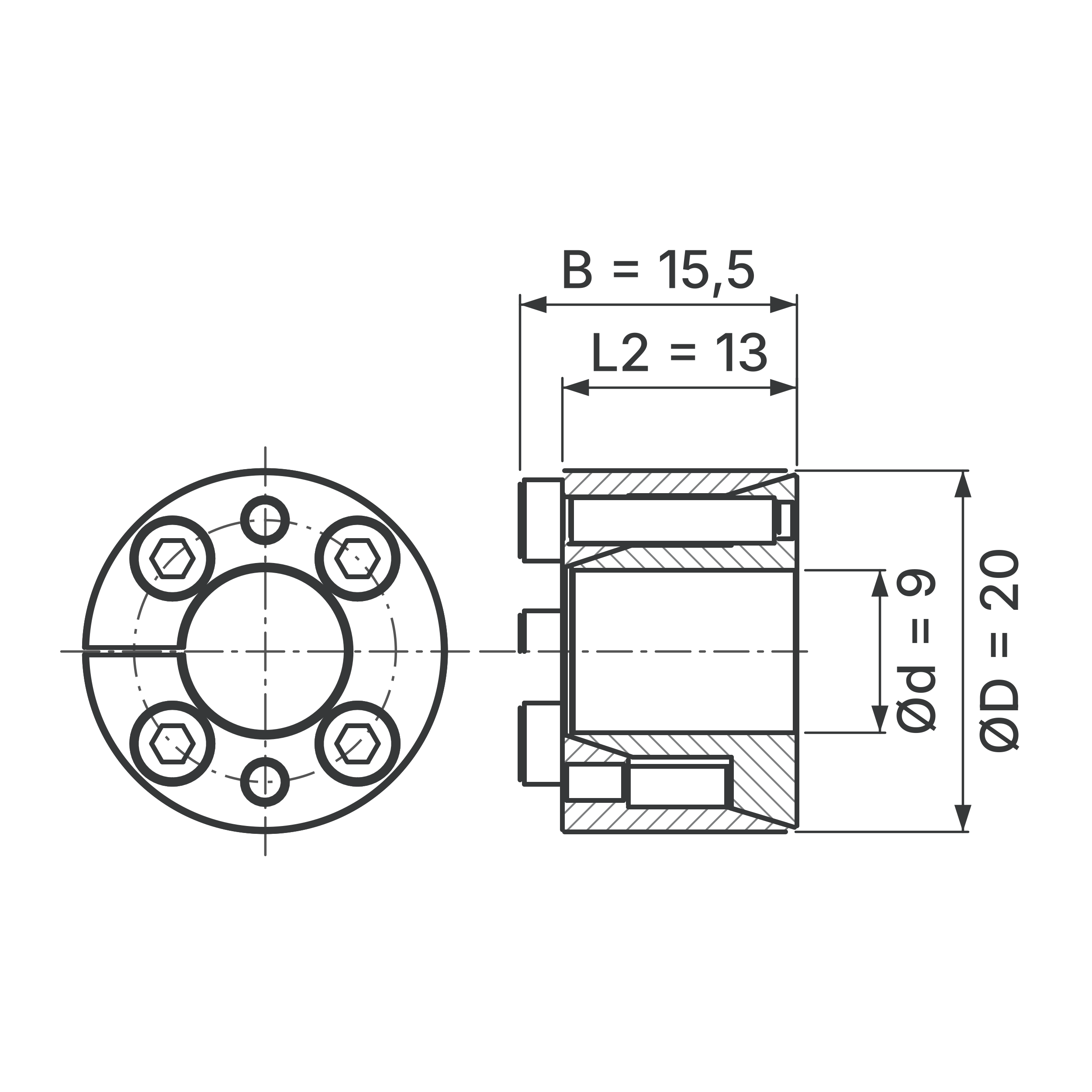 Maßskizze Spannsatz STW71SS-9x20 Edelstahl: Wellen-Ø d, Außen-Ø D, L2, B in mm, schematisch