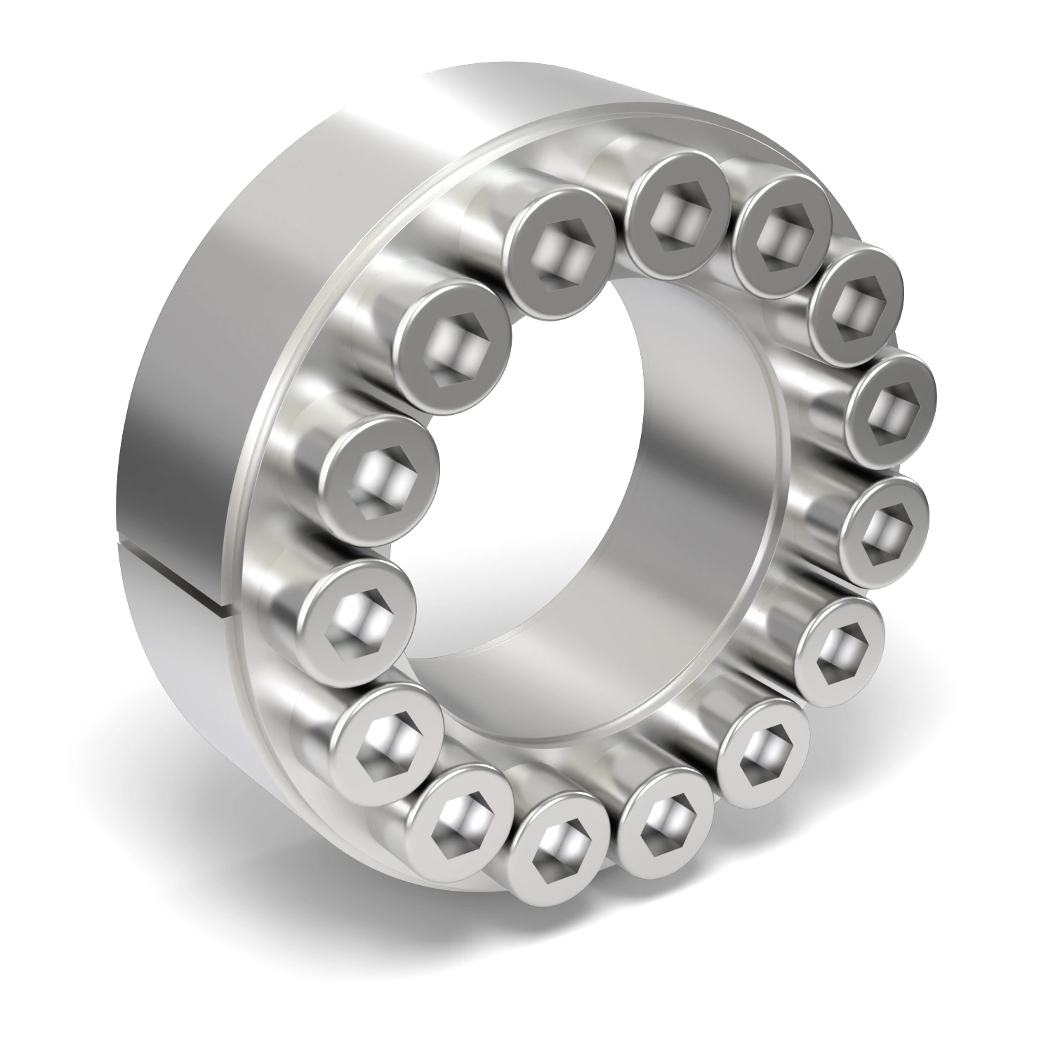 Spannsatz STW60SS-38x65 Edelstahl, Frontalansicht der Stirnseite mit 15 Spannschrauben