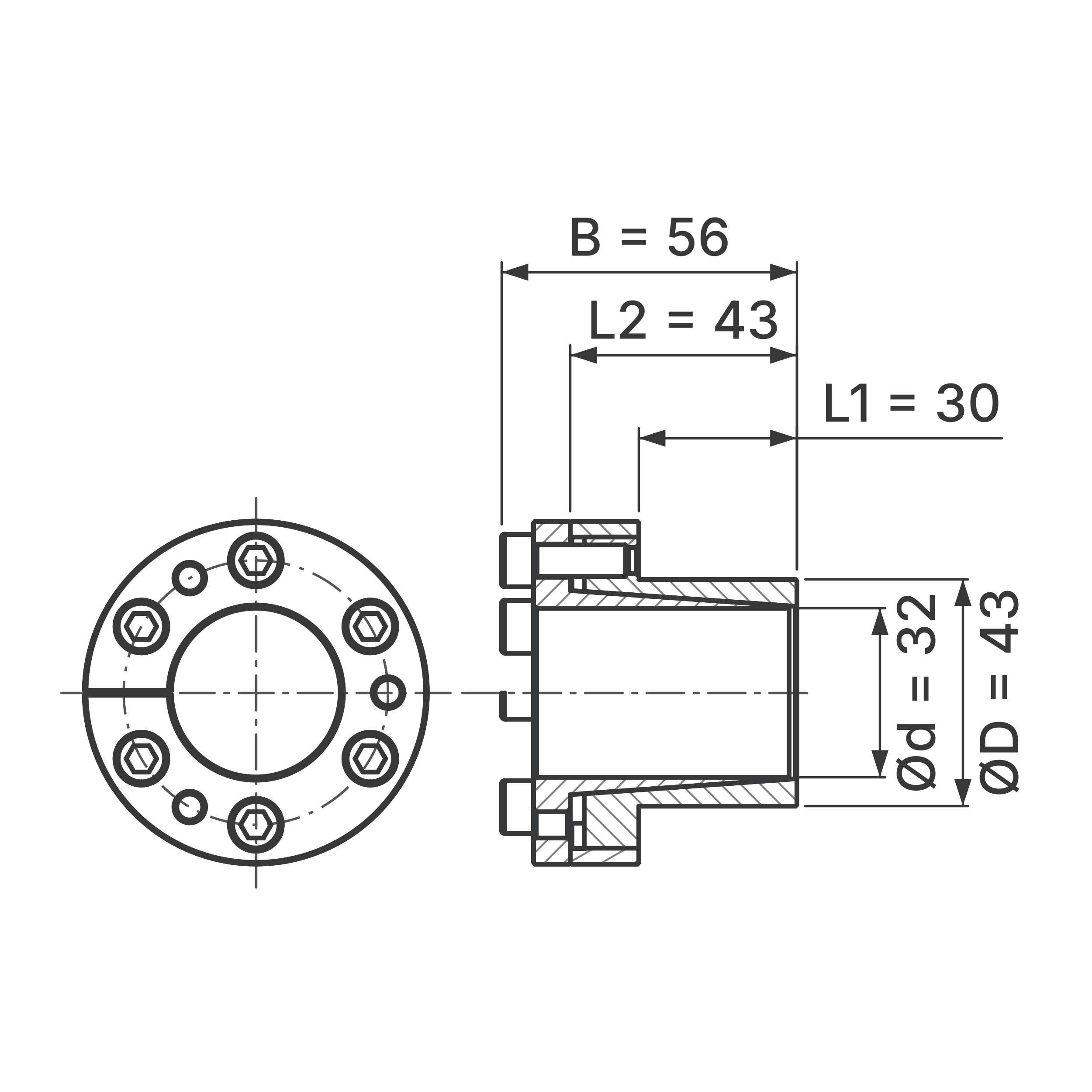 Maßskizze Spannsatz STW27-32x43: Wellen-Ø d, Außen-Ø D, L1, L2, B in mm, schematisch