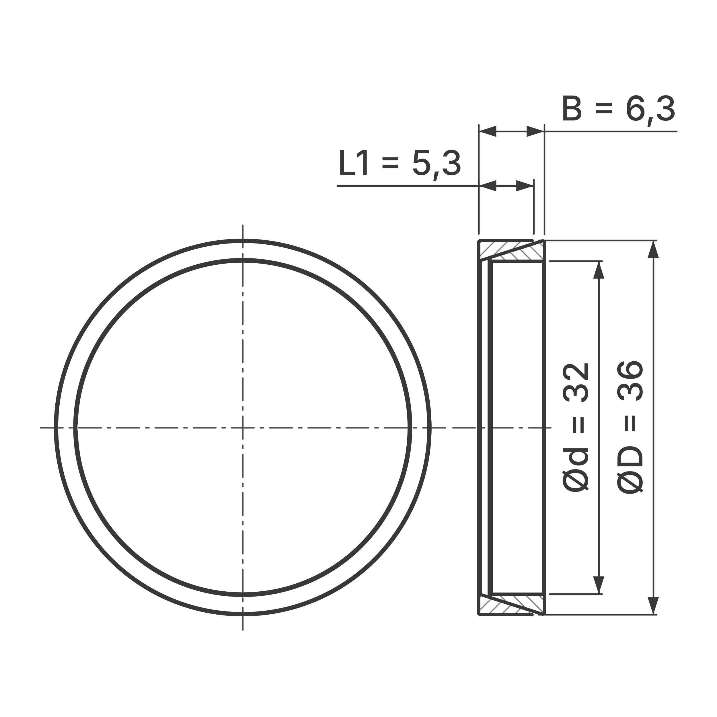 Maßskizze Konus-Spannelement STW56-32x36: Wellen-Ø d, Außen-Ø D, L1, B in mm, schematisch