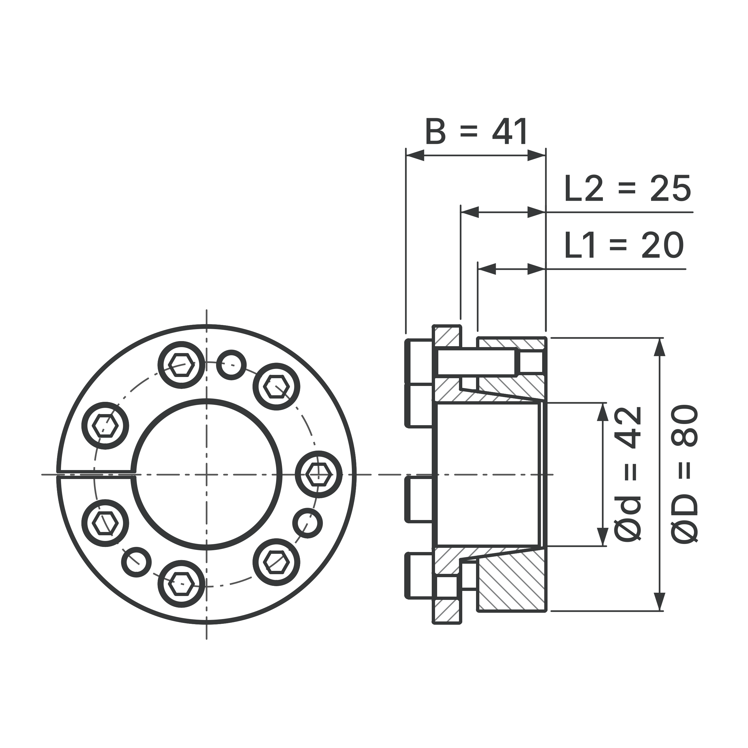 Maßskizze Spannsatz STW31-42x80: Wellen-Ø d, Außen-Ø D, L1, L2, B in mm, schematisch