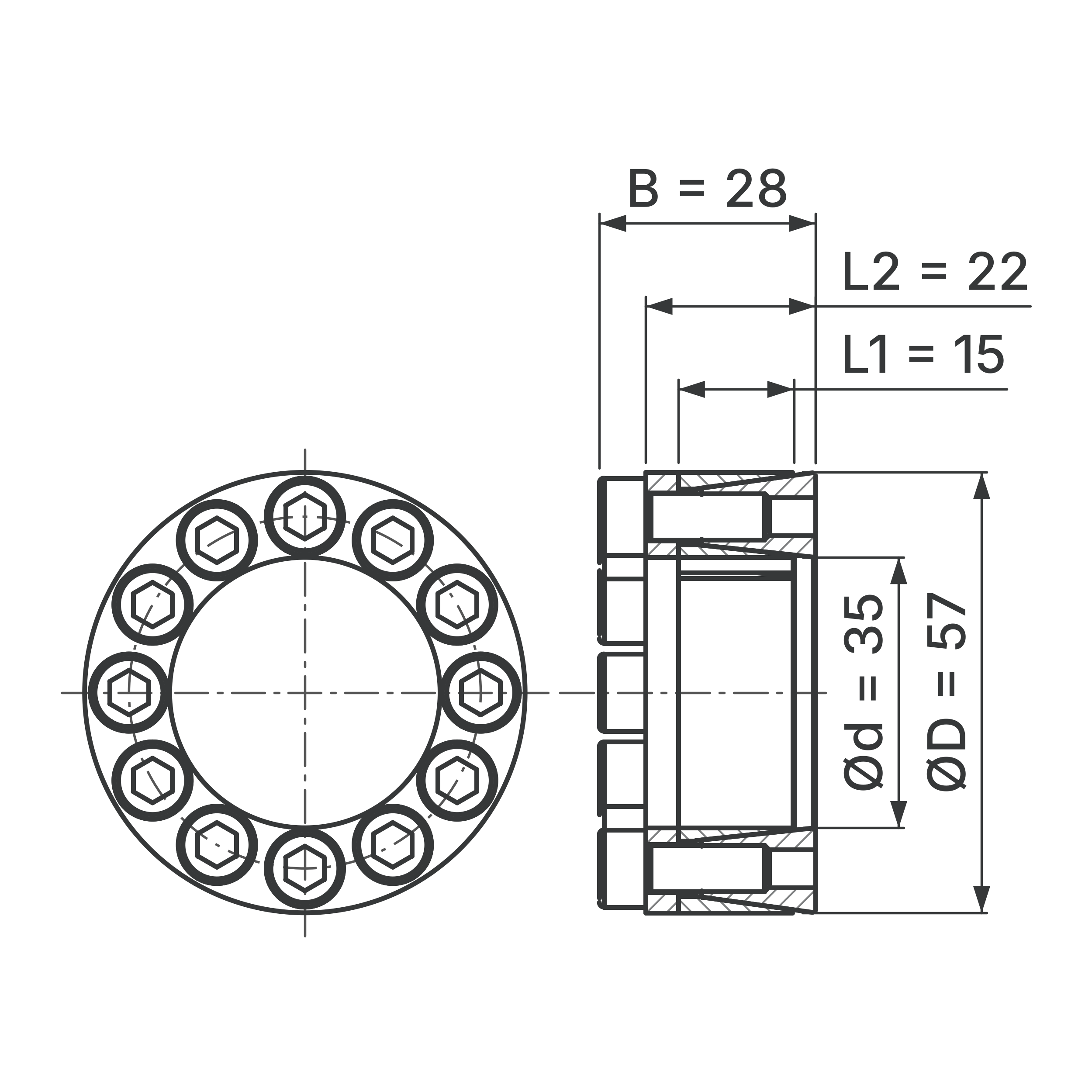 Maßskizze Spannsatz STW29-35x57: Wellen-Ø d, Außen-Ø D, L1, L2, B in mm, schematisch