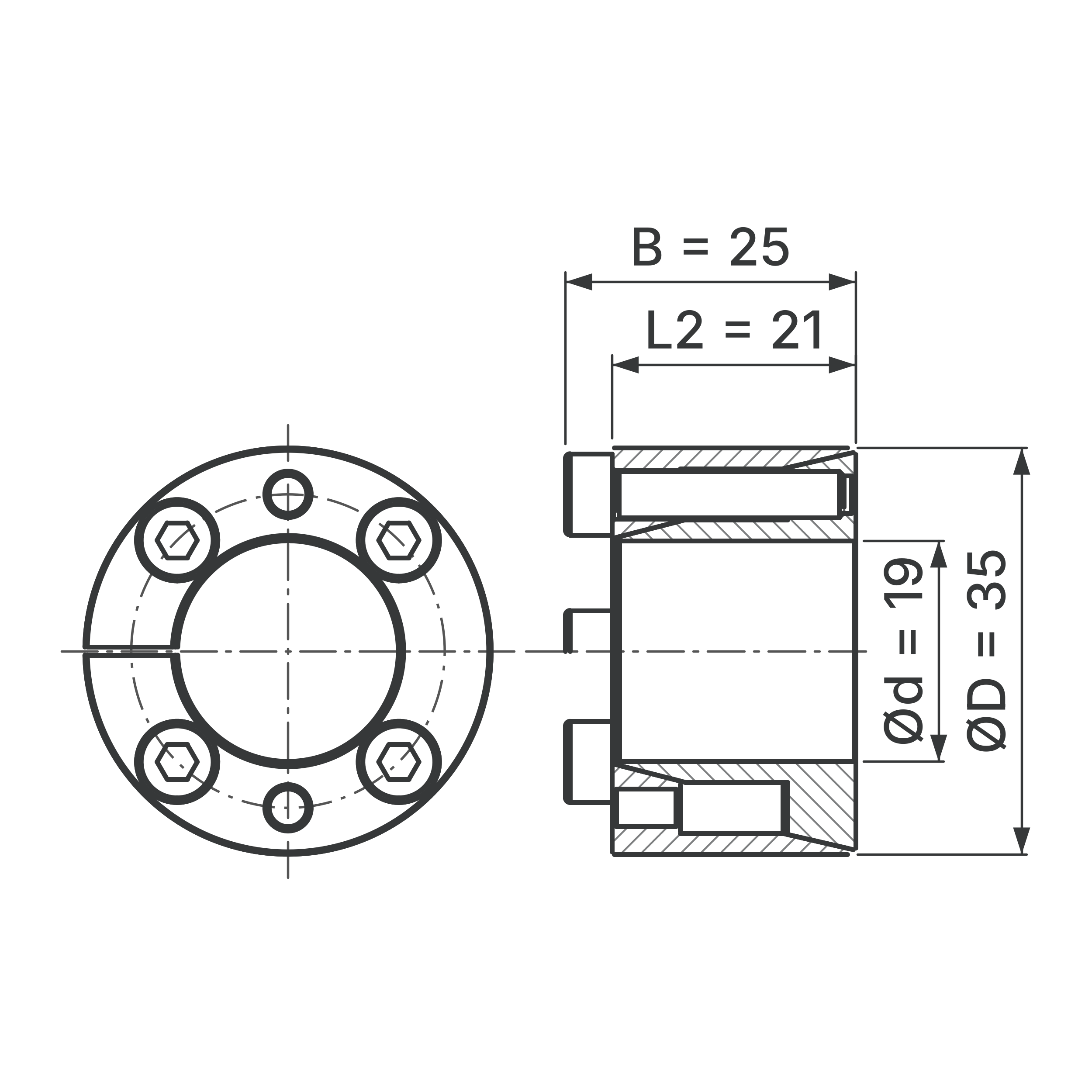 Maßskizze Spannsatz STW71SS-19x35 Edelstahl: Wellen-Ø d, Außen-Ø D, L2, B in mm, schematisch