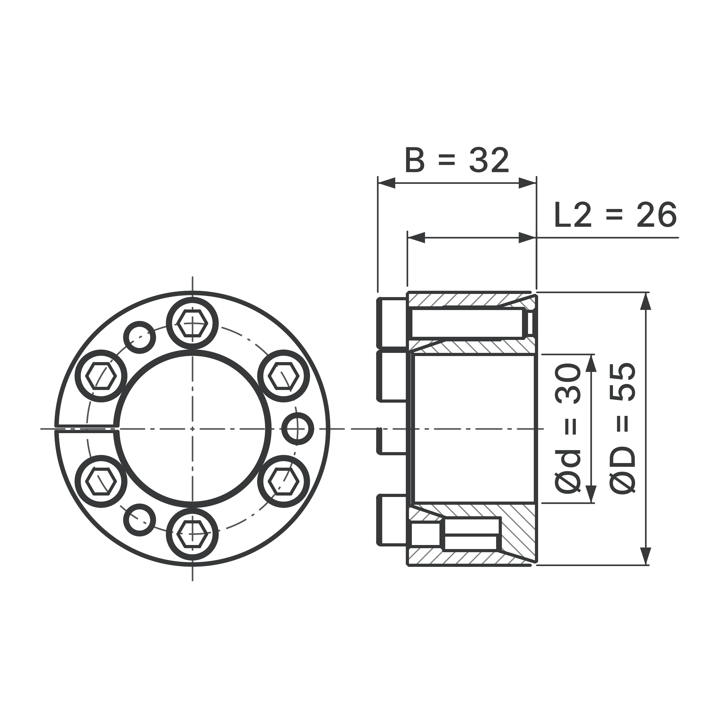 Maßskizze Spannsatz STW71SS-30x55 Edelstahl: Wellen-Ø d, Außen-Ø D, L2, B in mm, schematisch