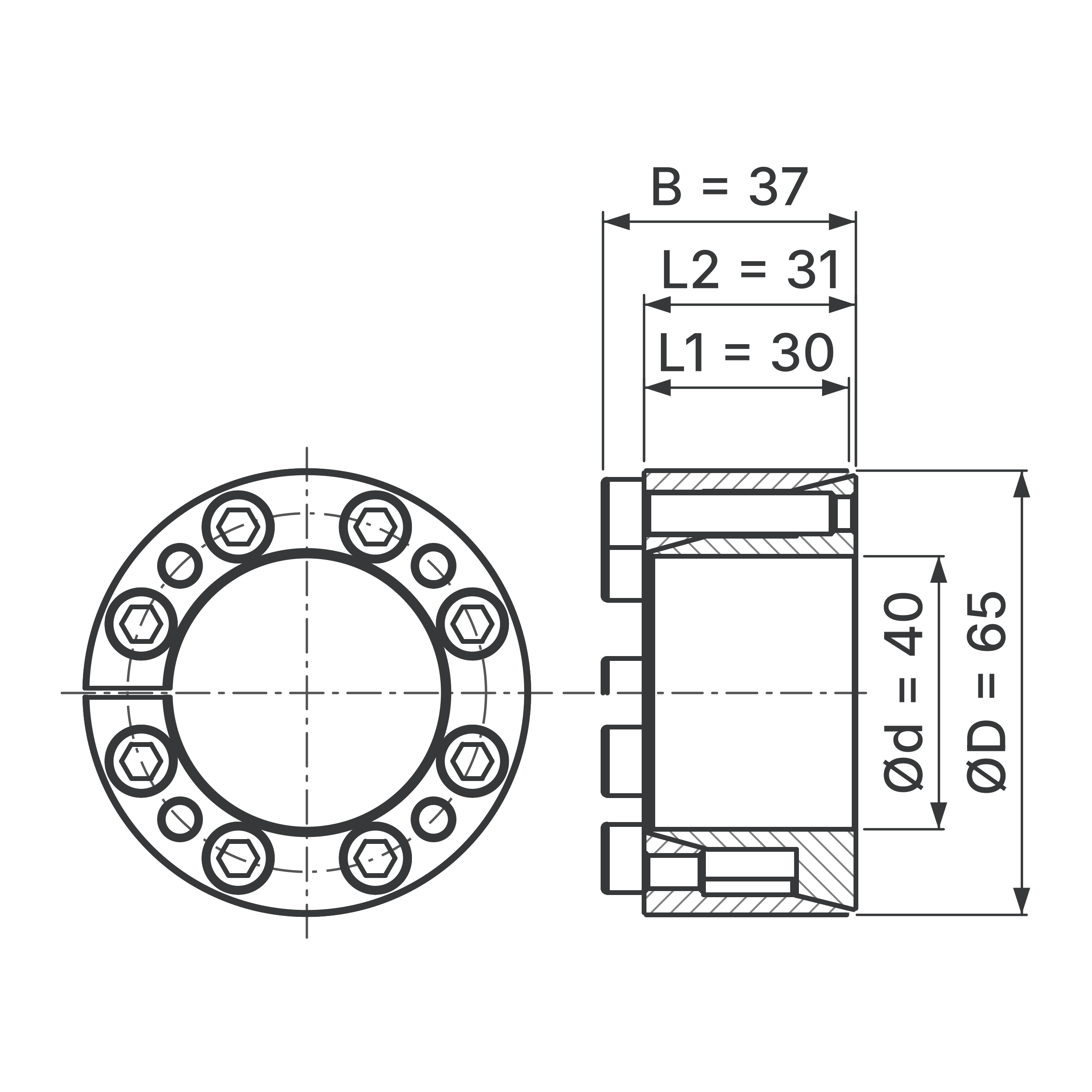 Maßskizze Spannsatz STW71-40x65: Wellen-Ø d, Außen-Ø D, L1, L2, B in mm, schematisch