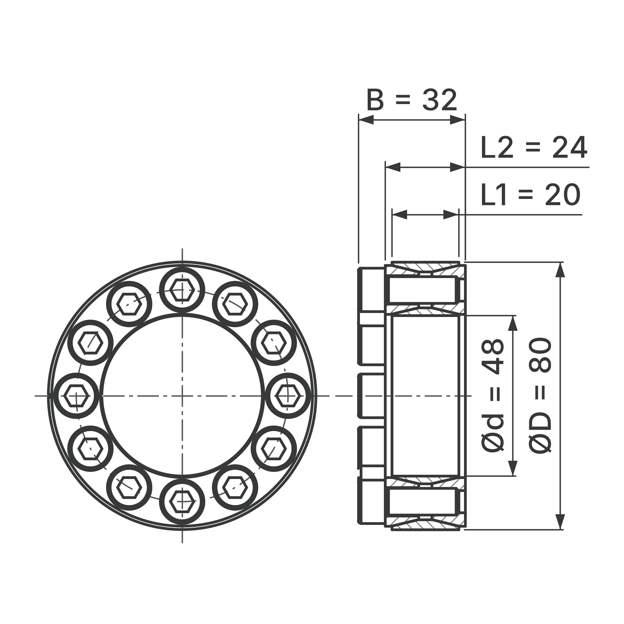 Maßskizze Spannsatz STW60-48x80: Wellen-Ø d, Außen-Ø D, L1, L2, B in mm, schematisch