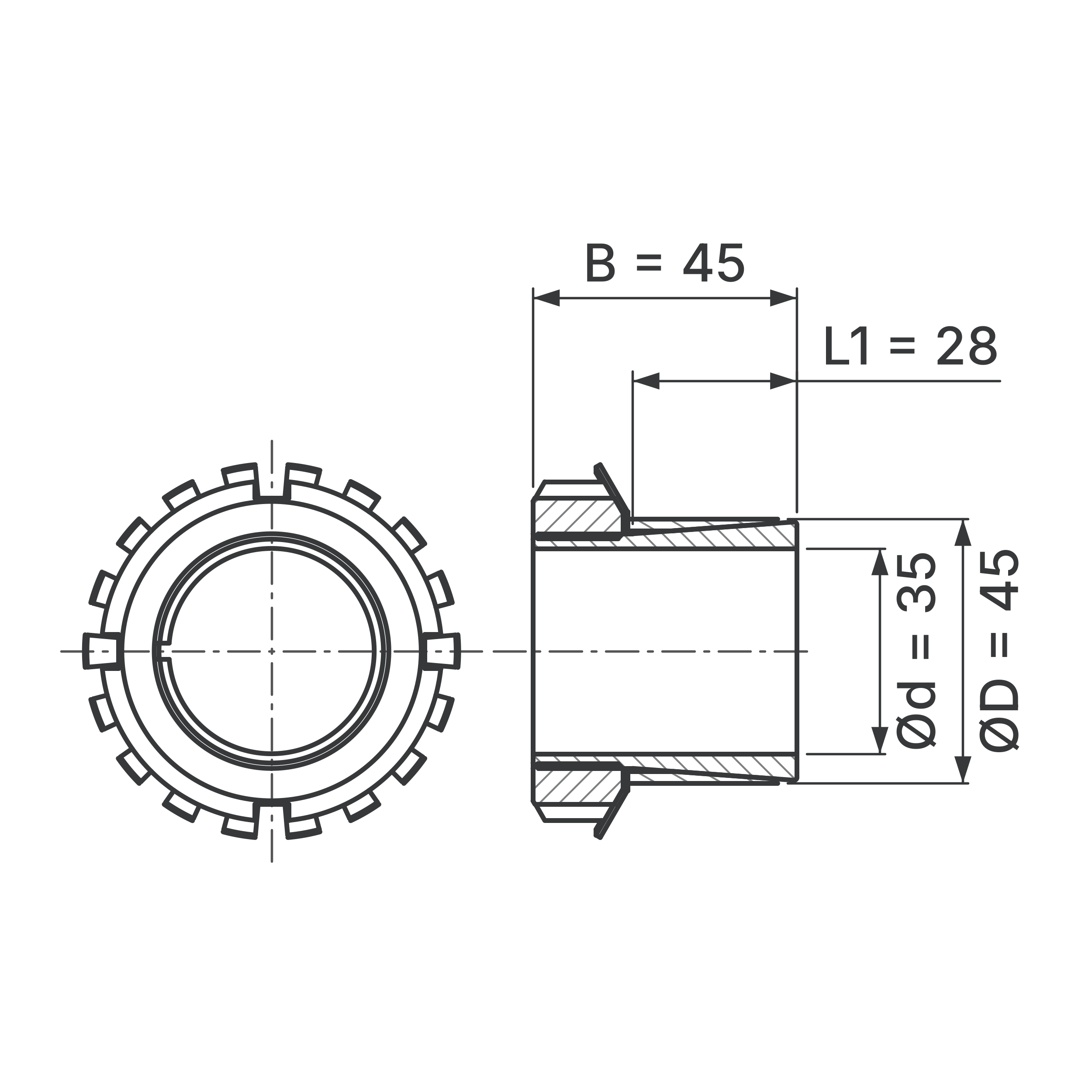 Maßskizze Spannsatz STW76-35x45: Wellen-Ø d, Außen-Ø D, L1, B in mm, schematisch