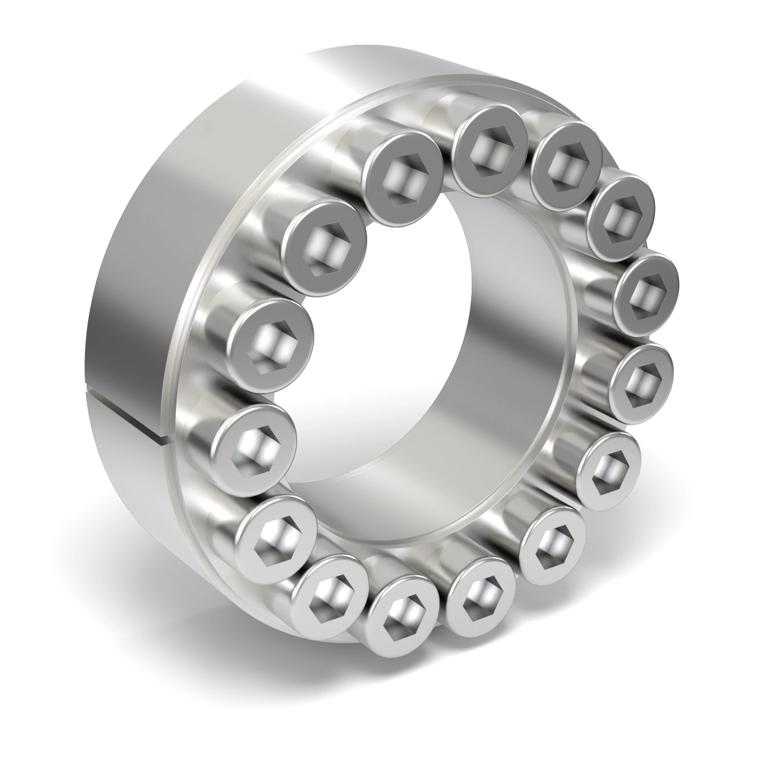 Spannsatz STW60SS-40x65 Edelstahl, Frontalansicht der Stirnseite mit 15 Spannschrauben