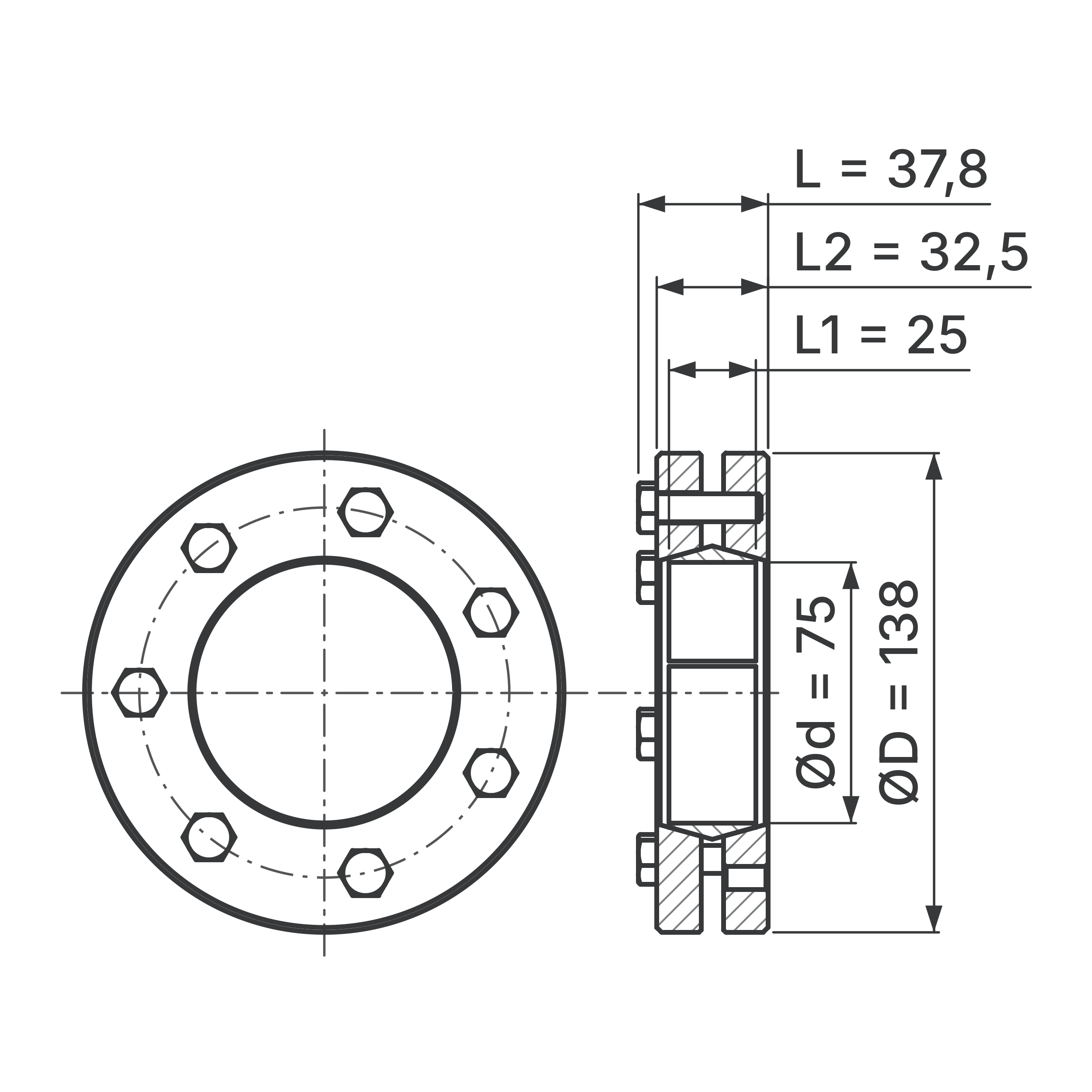 Maßskizze Schrumpfscheibe STW96-75x138: Bohrungs-Ø d, Außen-Ø D, L, L1, L2 in mm, schematisch