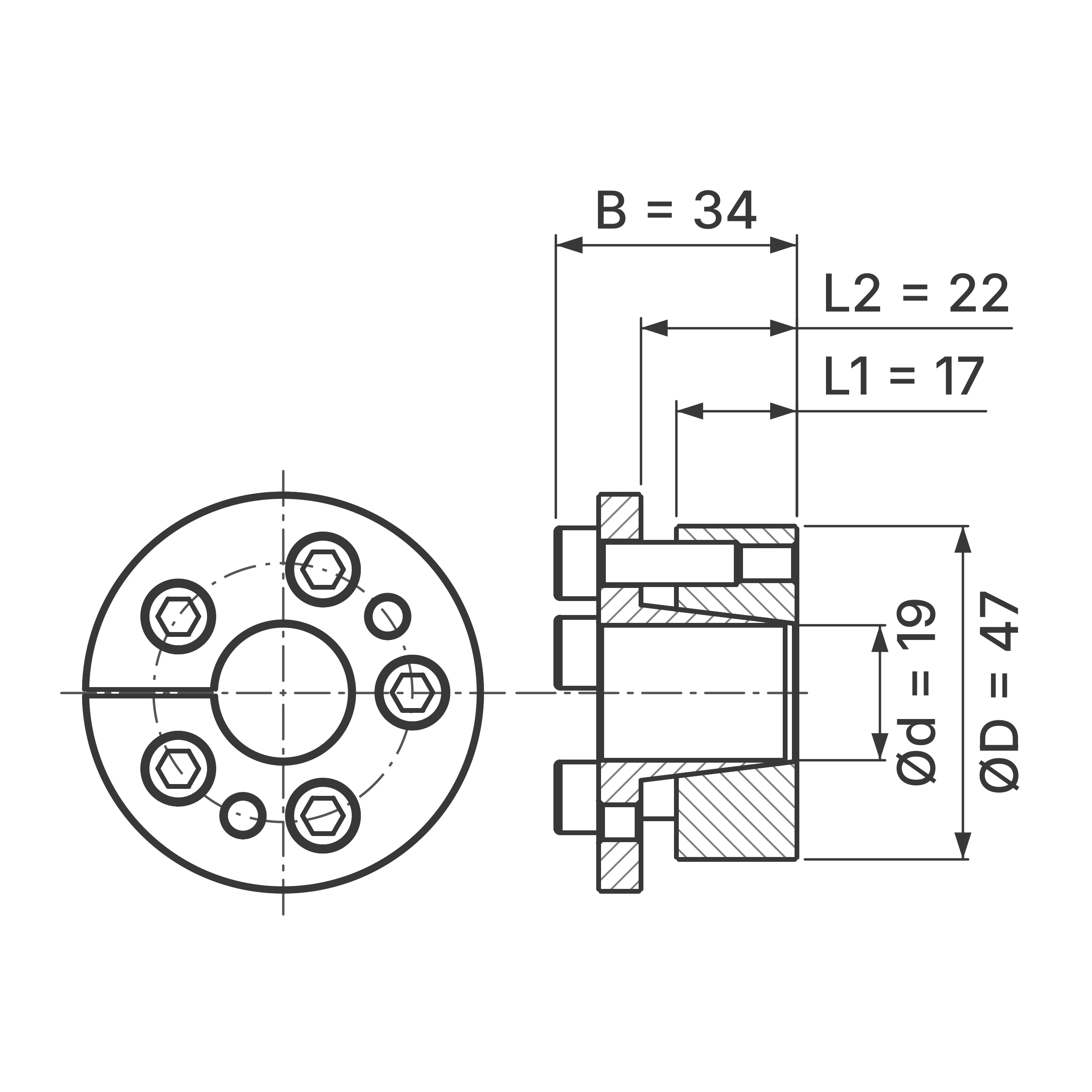 Maßskizze Spannsatz STW77-19x47: Wellen-Ø d, Außen-Ø D, L1, L2, B in mm, schematisch