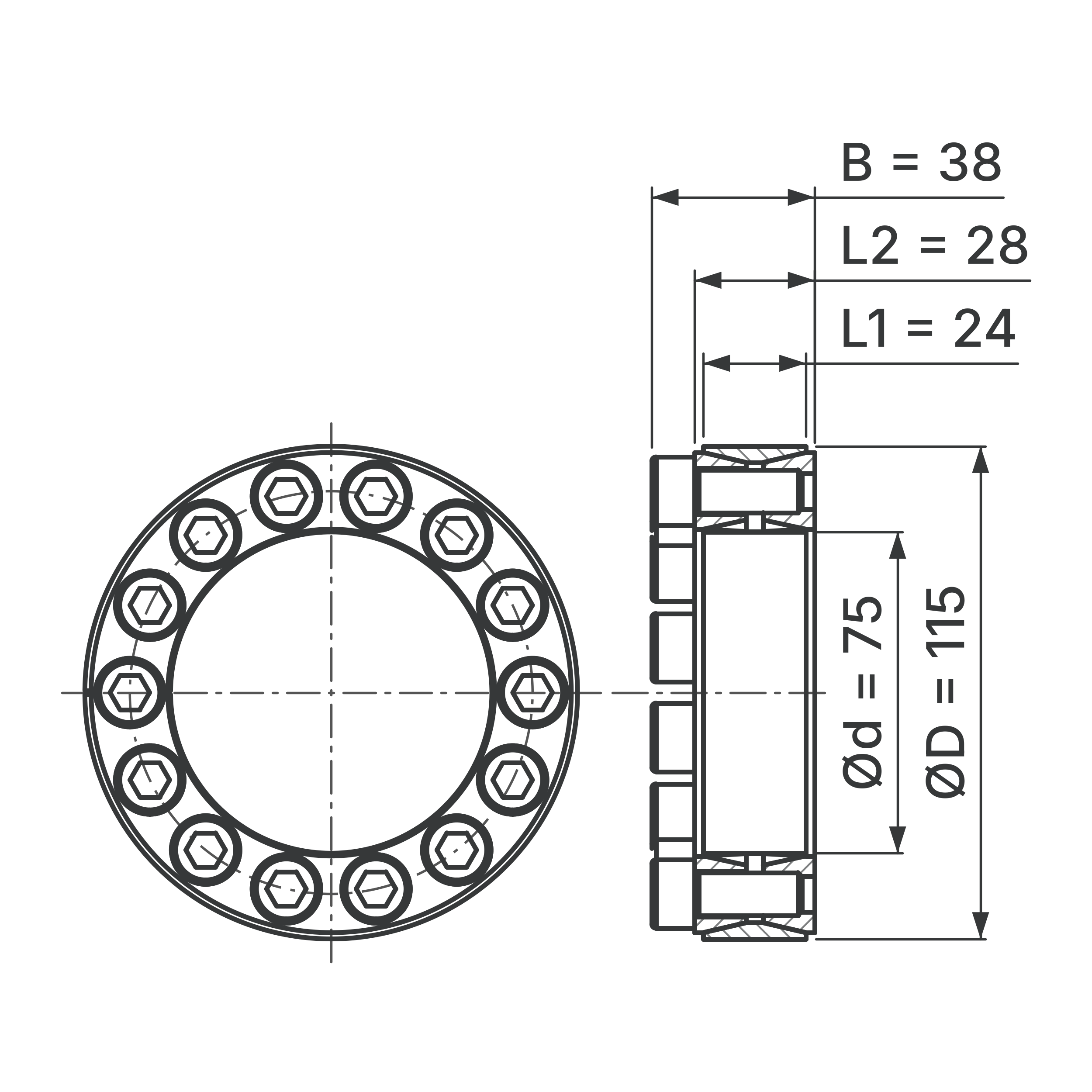 Maßskizze Spannsatz STW60-75x115: Wellen-Ø d, Außen-Ø D, L1, L2, B in mm, schematisch