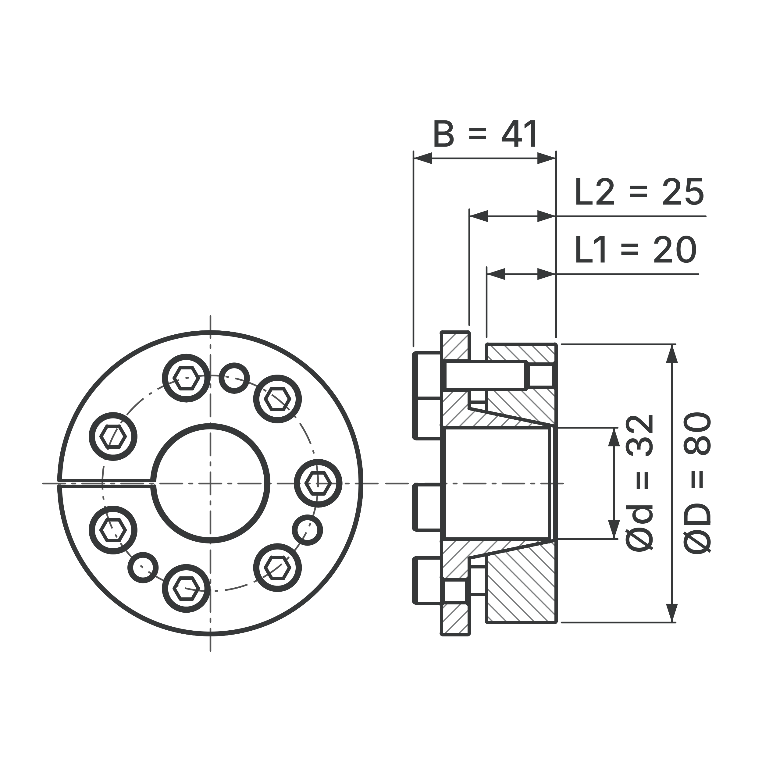 Maßskizze Spannsatz STW31-32x80: Wellen-Ø d, Außen-Ø D, L1, L2, B in mm, schematisch