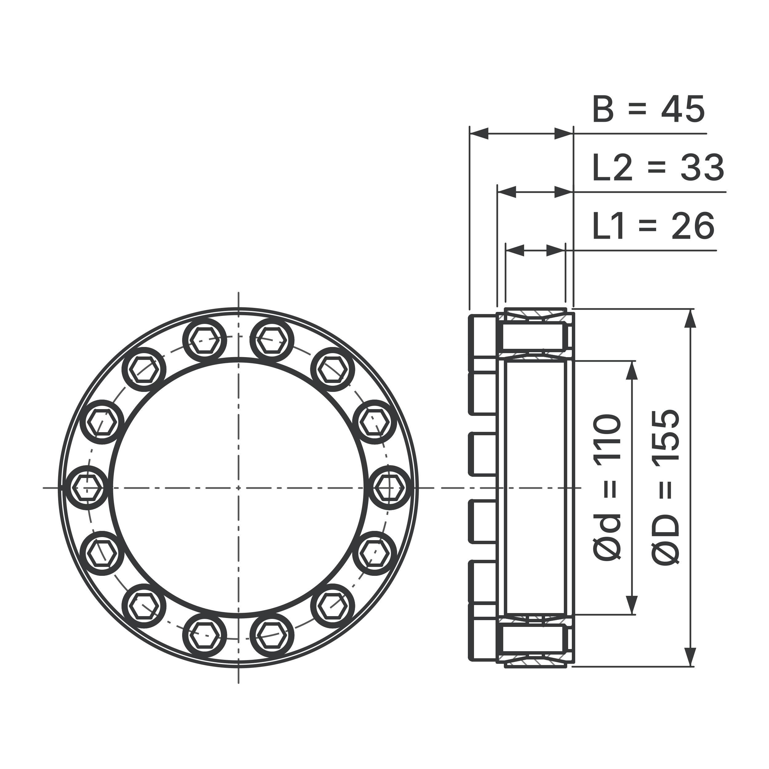 Maßskizze Spannsatz STW60-110x155: Wellen-Ø d, Außen-Ø D, L1, L2, B in mm, schematisch